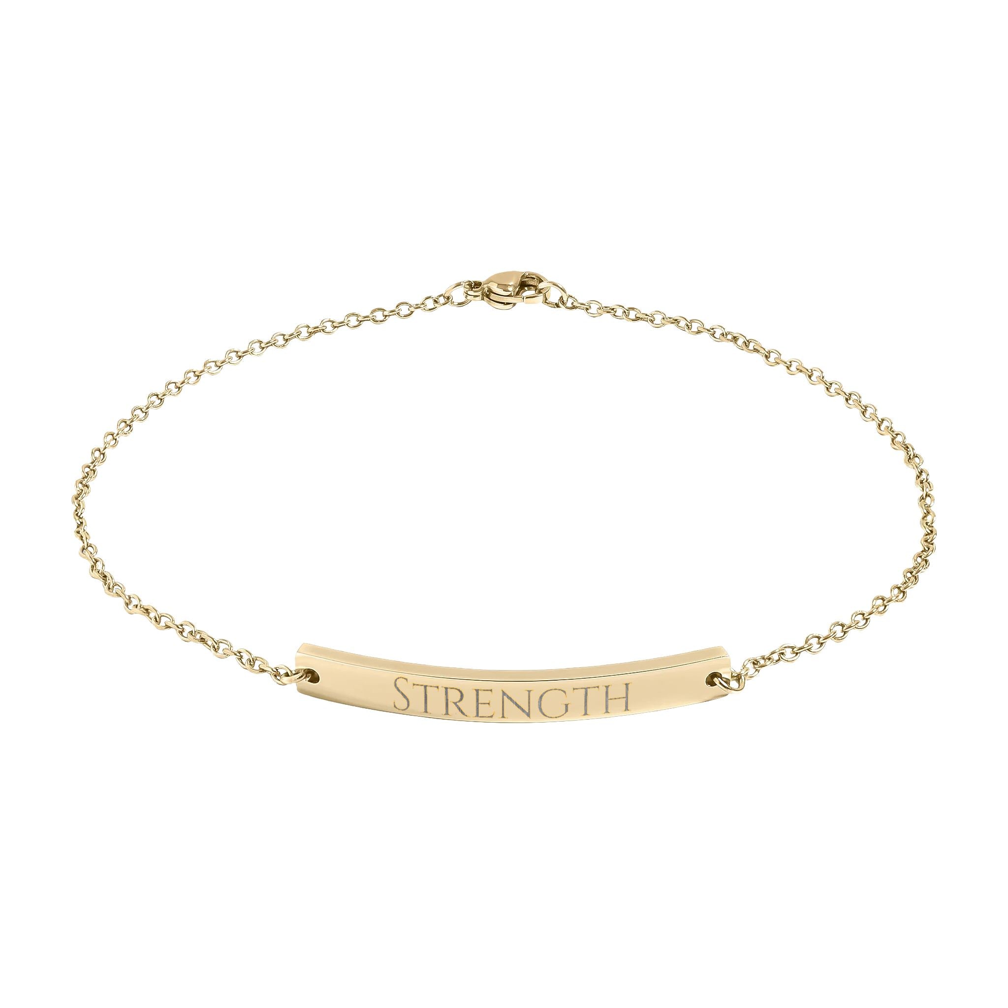 Gold bracelet with 'STRENGTH' engraving on a white background