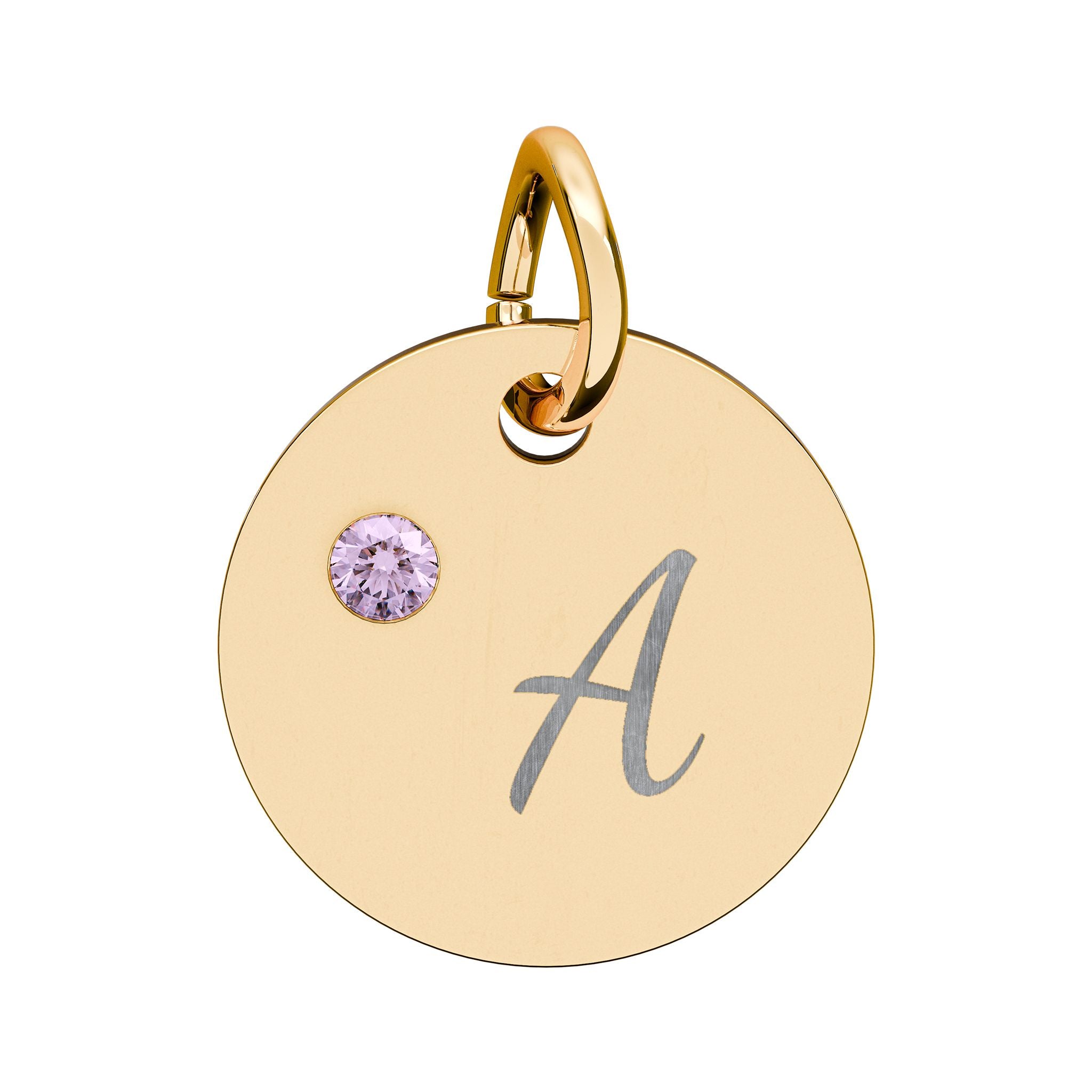 Gold pendant with letter 'A' and pink gemstone on a white background