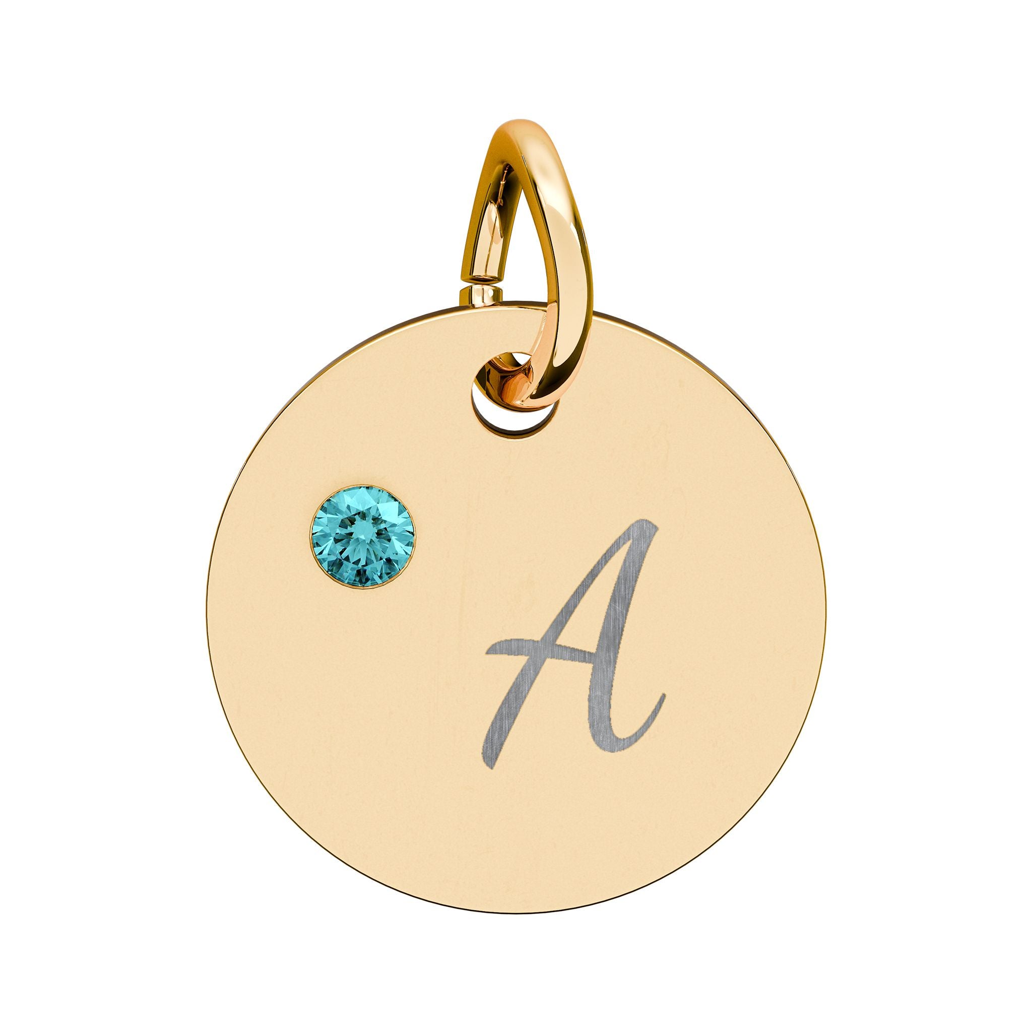 Gold pendant with a blue gemstone and letter 'A' on a white background