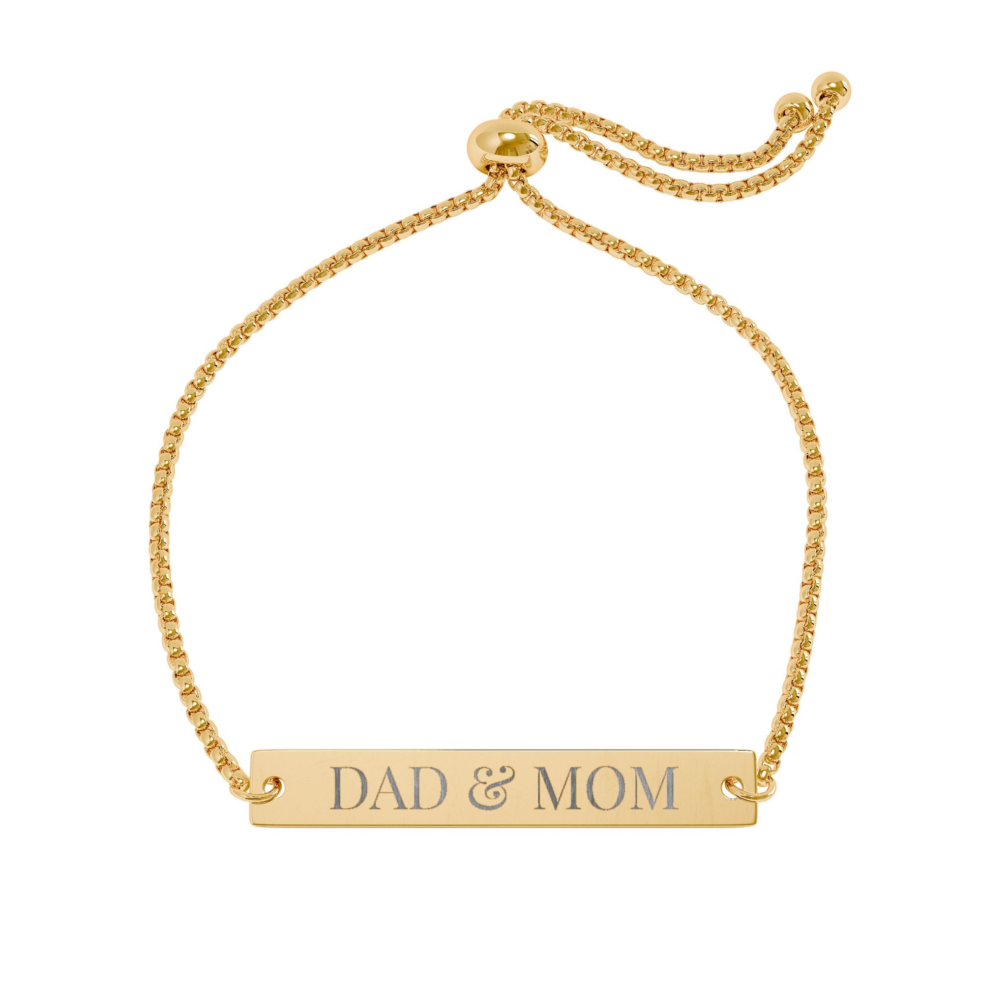 Gold bracelet with 'DAD & MOM' engraving on a white background