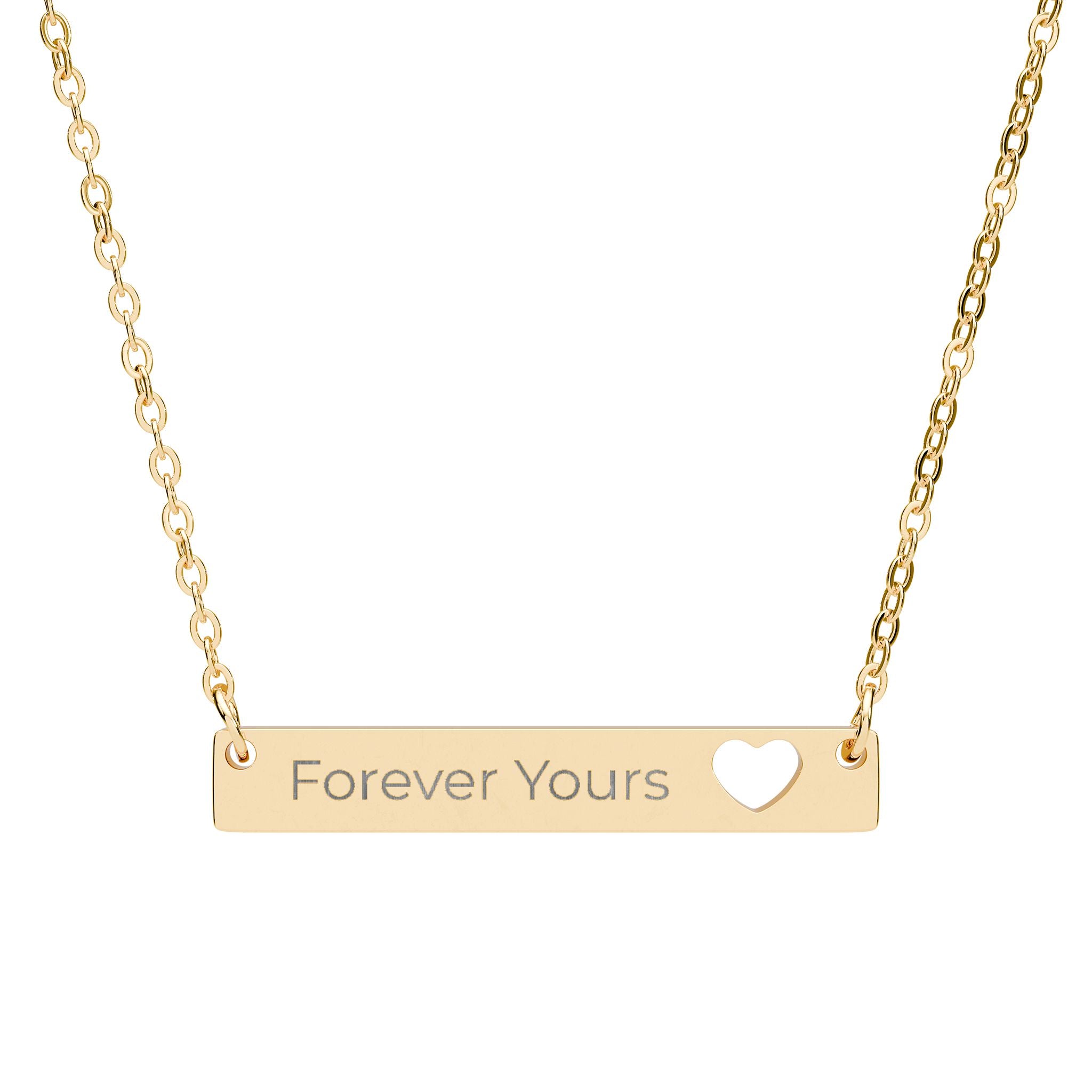 Gold necklace with 'Forever Yours' engraving on a white background