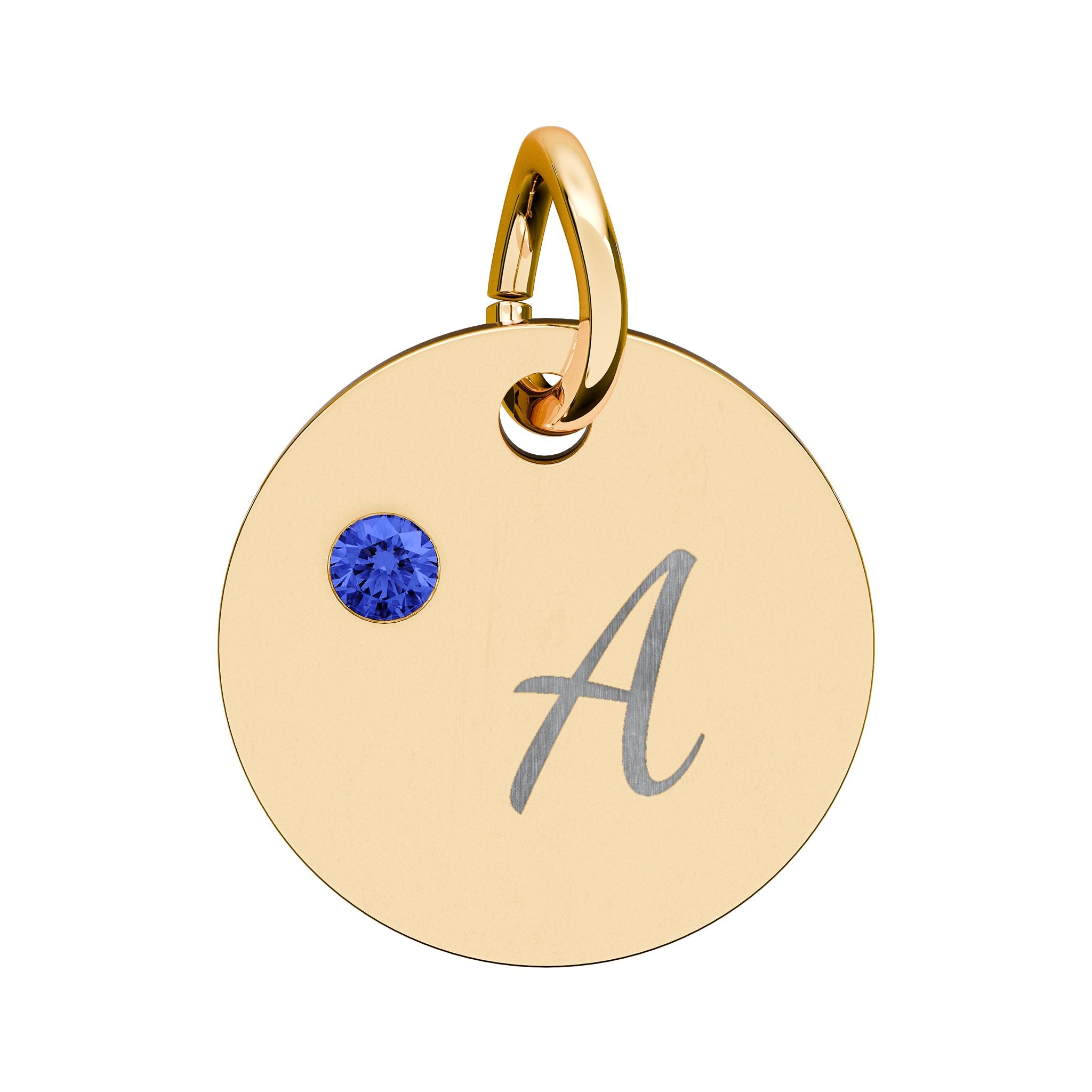 Gold pendant with a blue gemstone and letter 'A' on a white background
