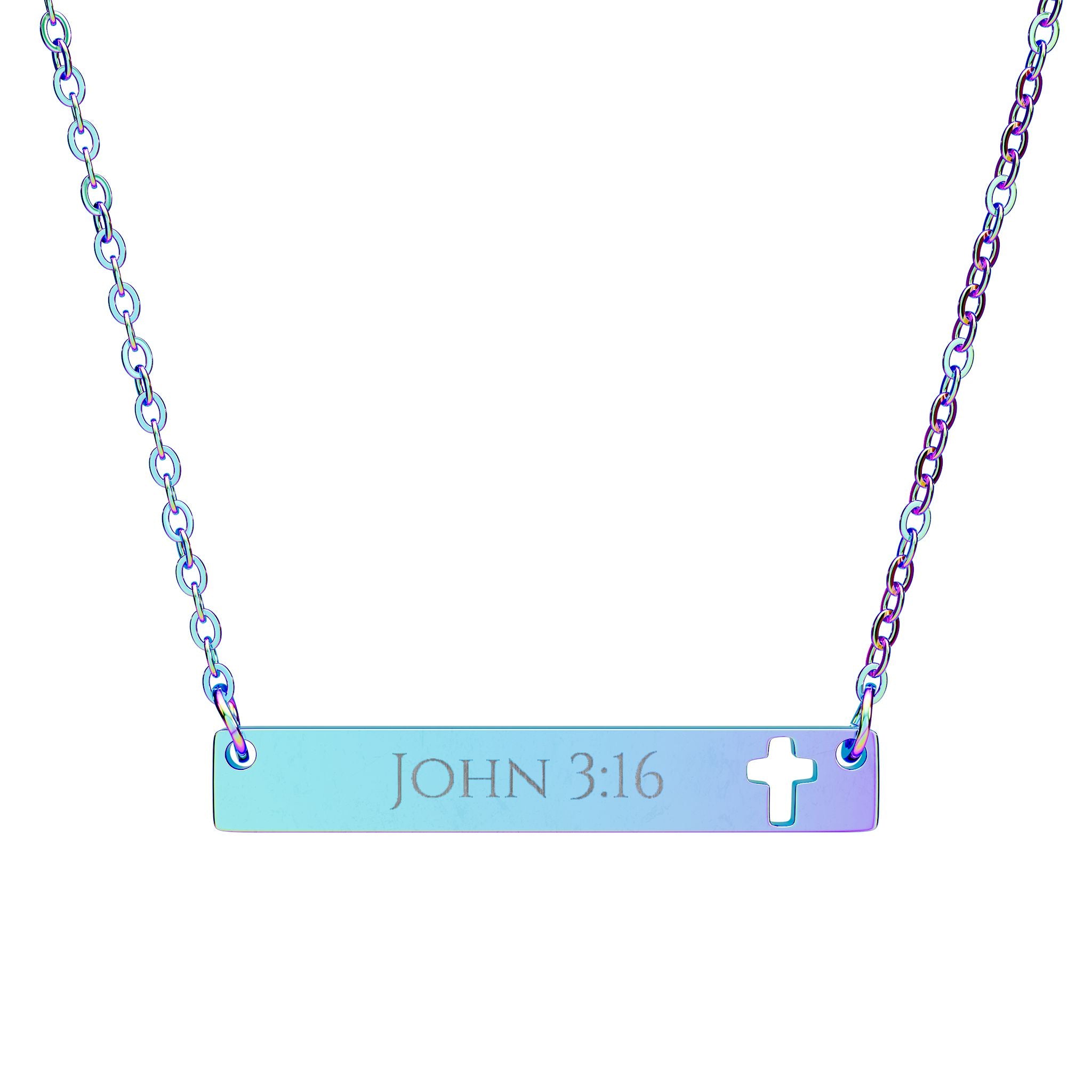 Necklace with a bar pendant displaying 'JOHN 3:16' and a cross on a white background
