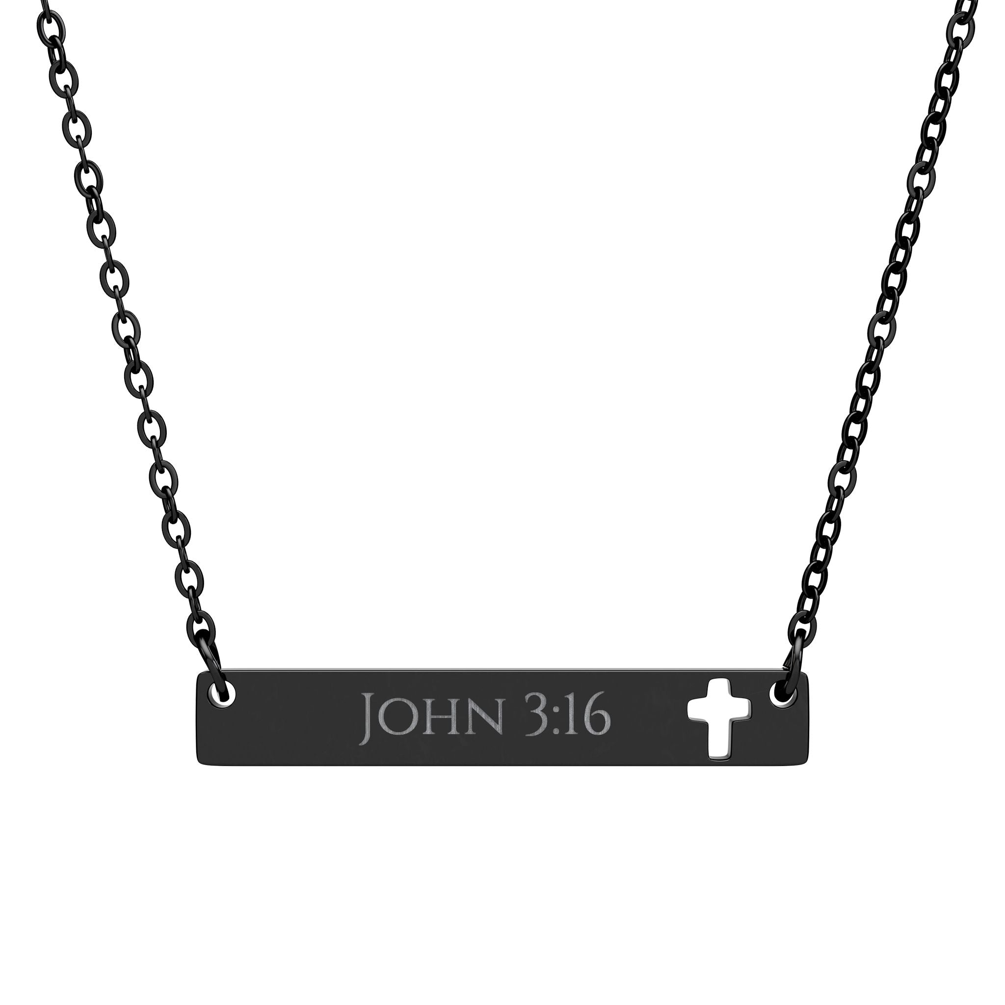 Black necklace with 'JOHN 3:16' engraving and a cross symbol on a white background