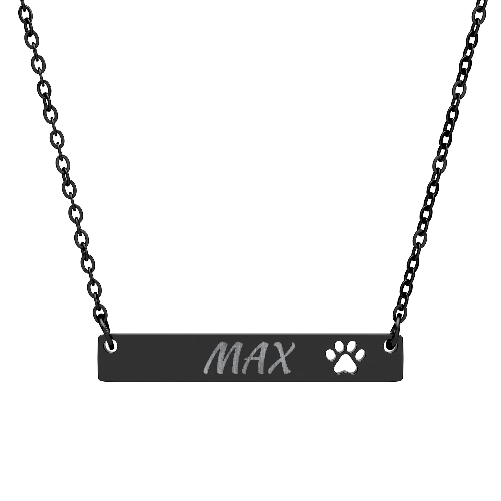 Black bar necklace with 'MAX' and a paw print on a white background