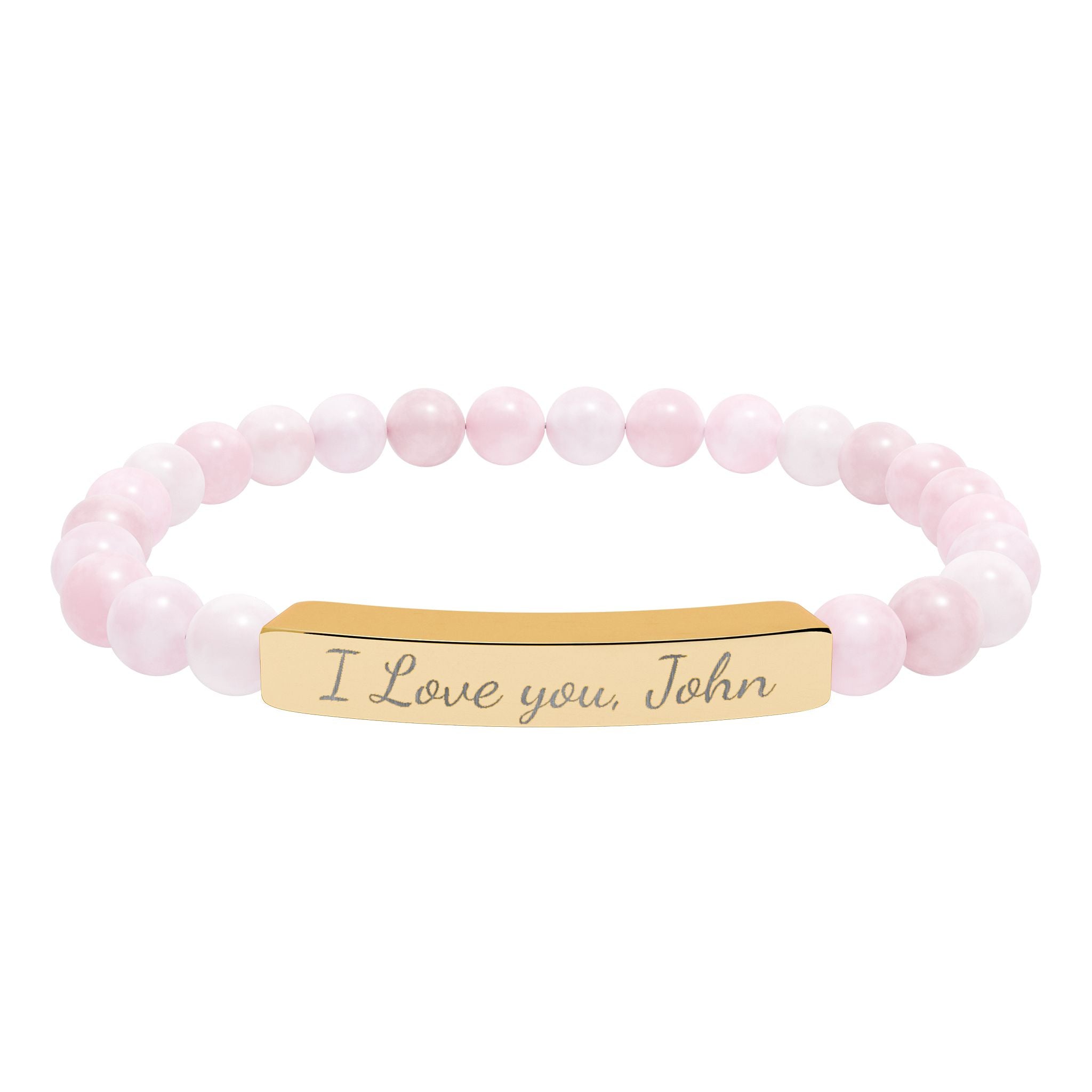 Pink beaded bracelet with a gold tag reading 'I Love you, John' on a white background