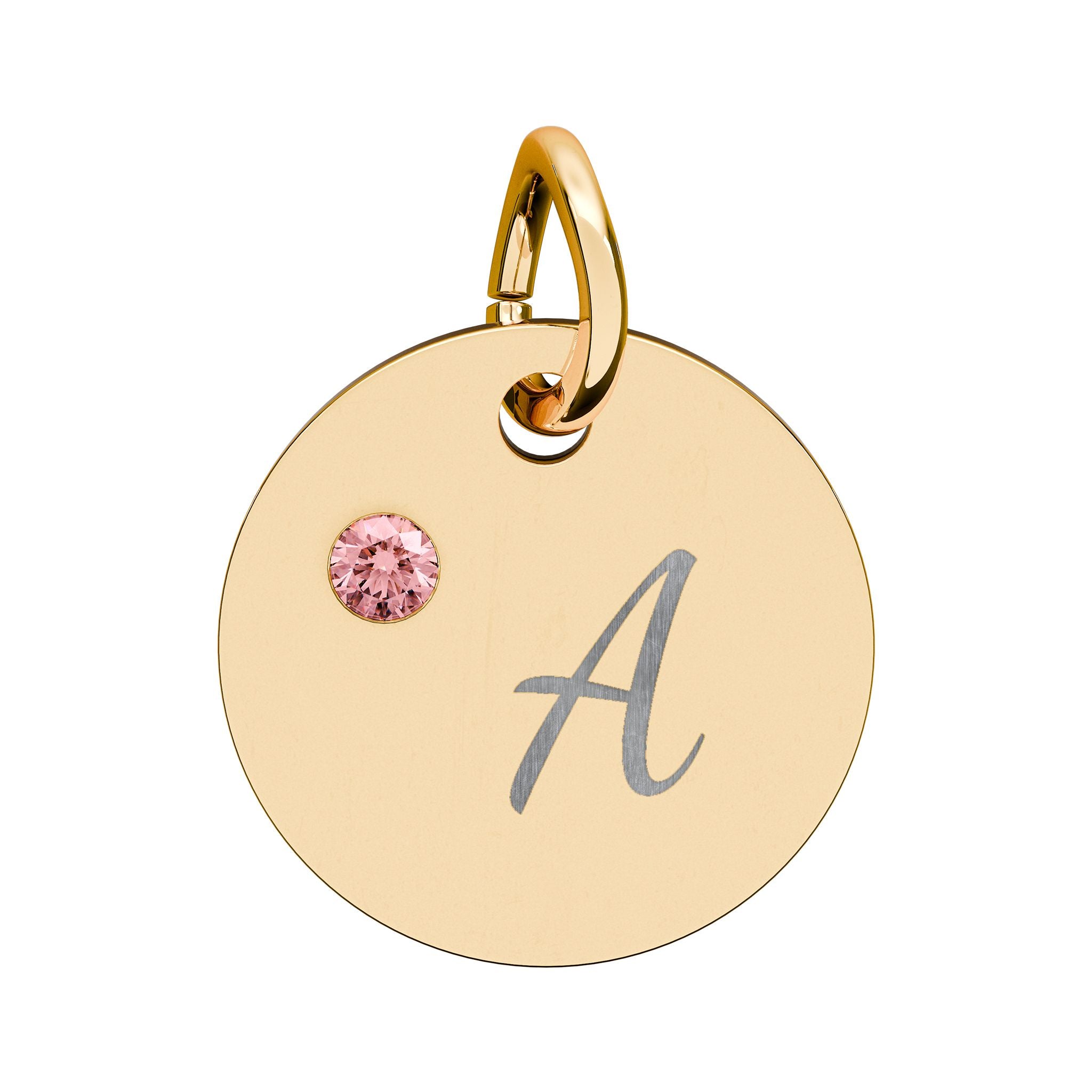 Gold pendant with pink gemstone and letter 'A' on a white background