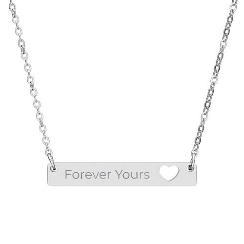 Silver necklace with 'Forever Yours' engraving on a white background