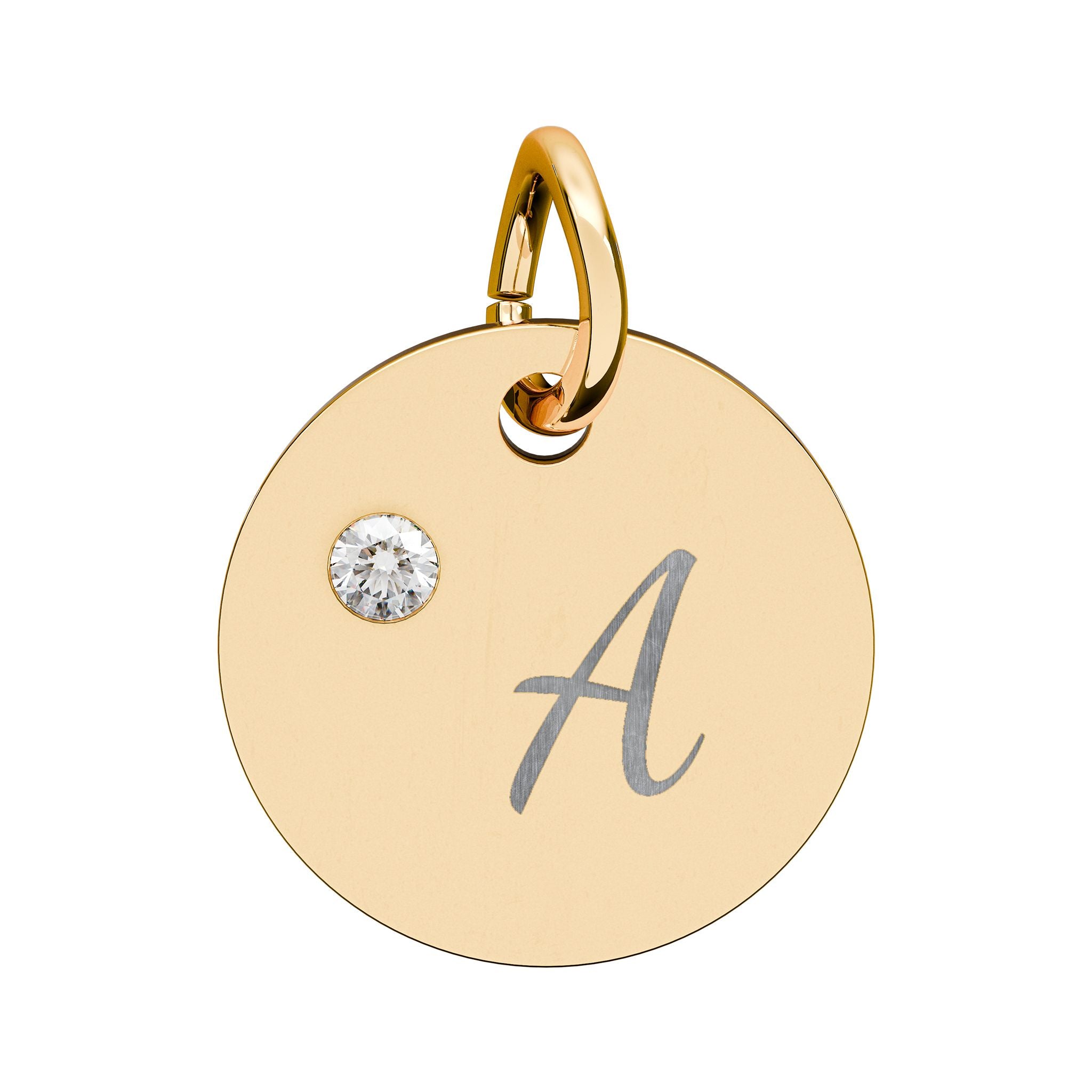 Gold pendant with a diamond and letter 'A' on a white background