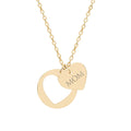 Gold necklace with a heart-shaped pendant and 'MOM' engraving on a white background
