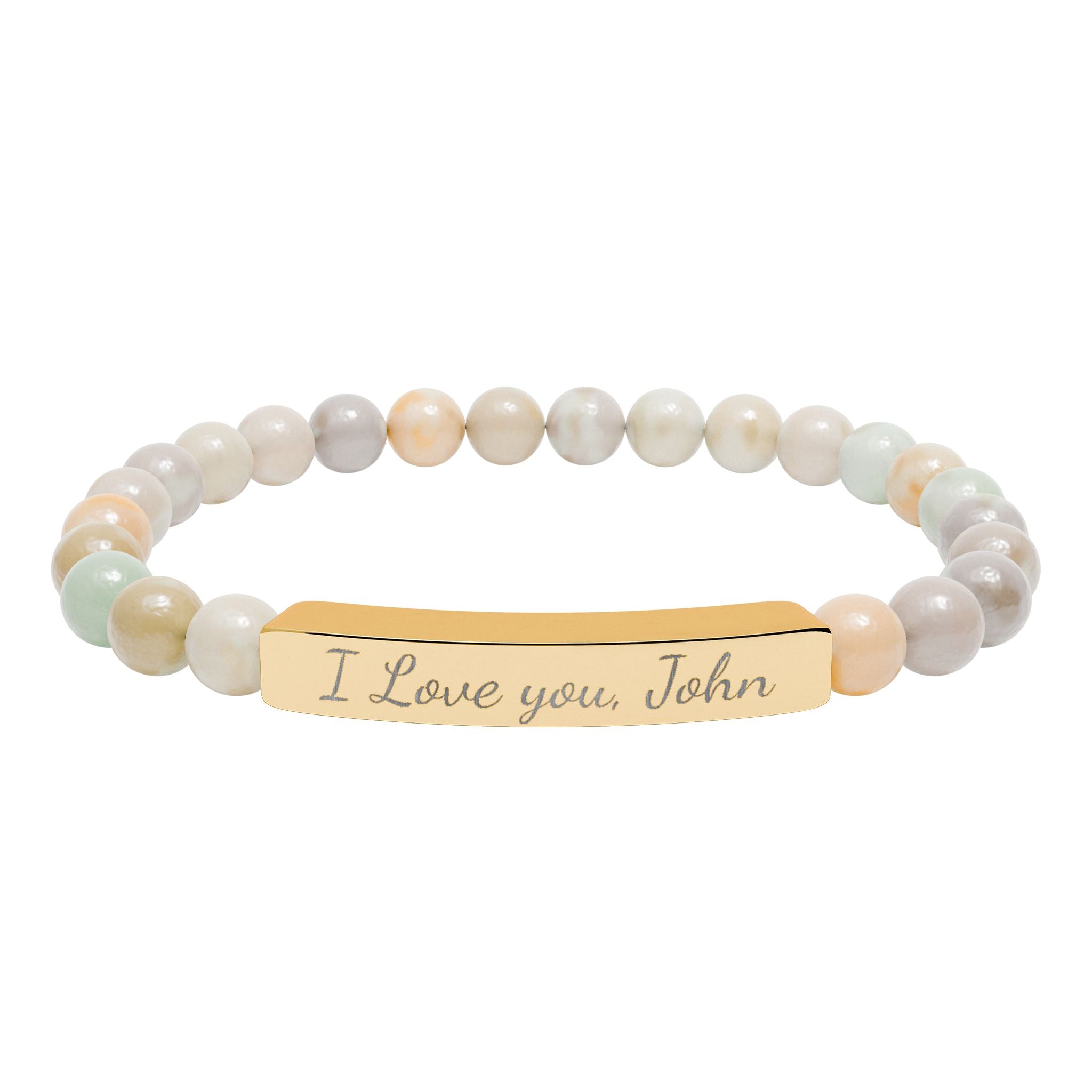 Beaded bracelet with a gold tag reading 'I Love you, John' on a white background