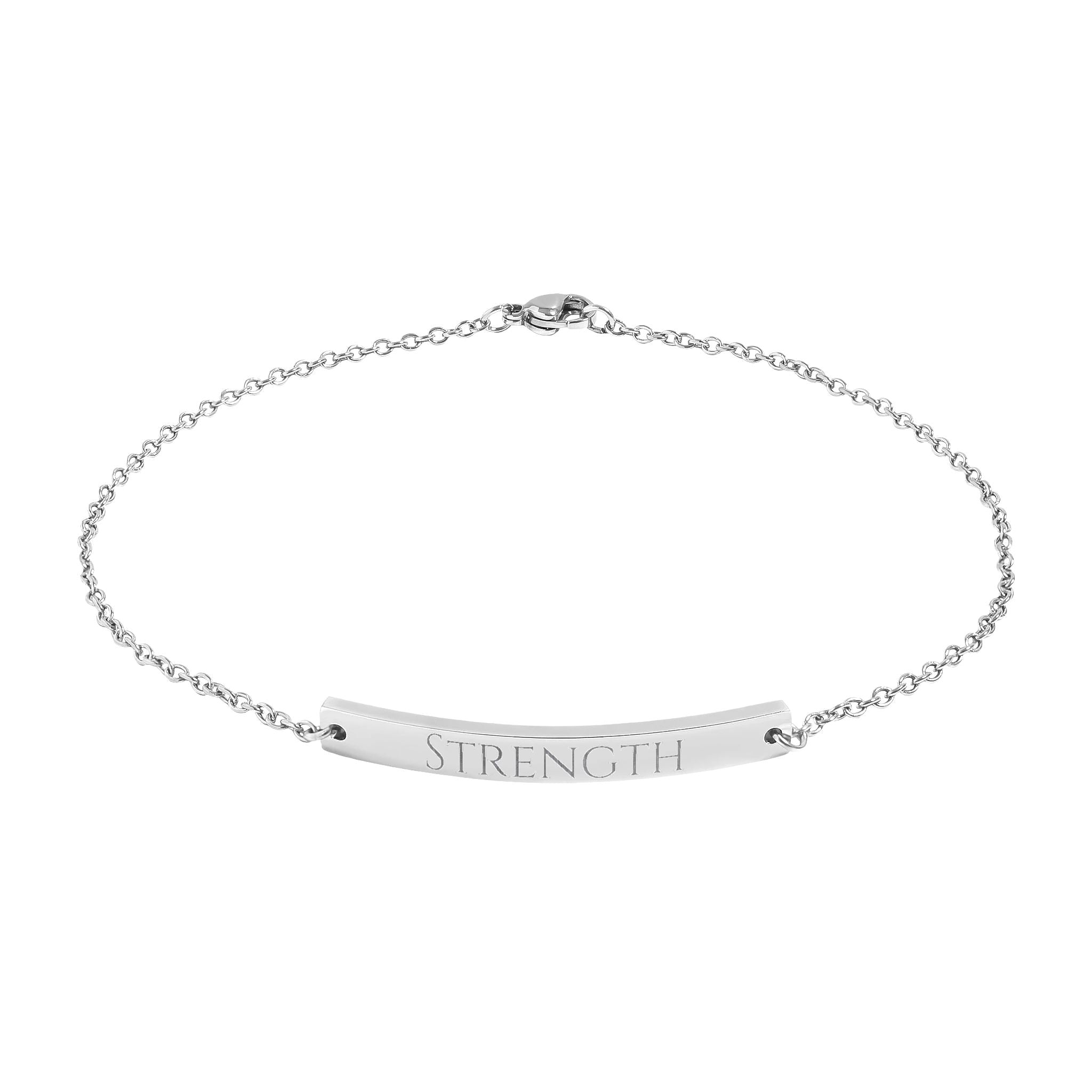 Silver bracelet with 'STRENGTH' engraving on a white background