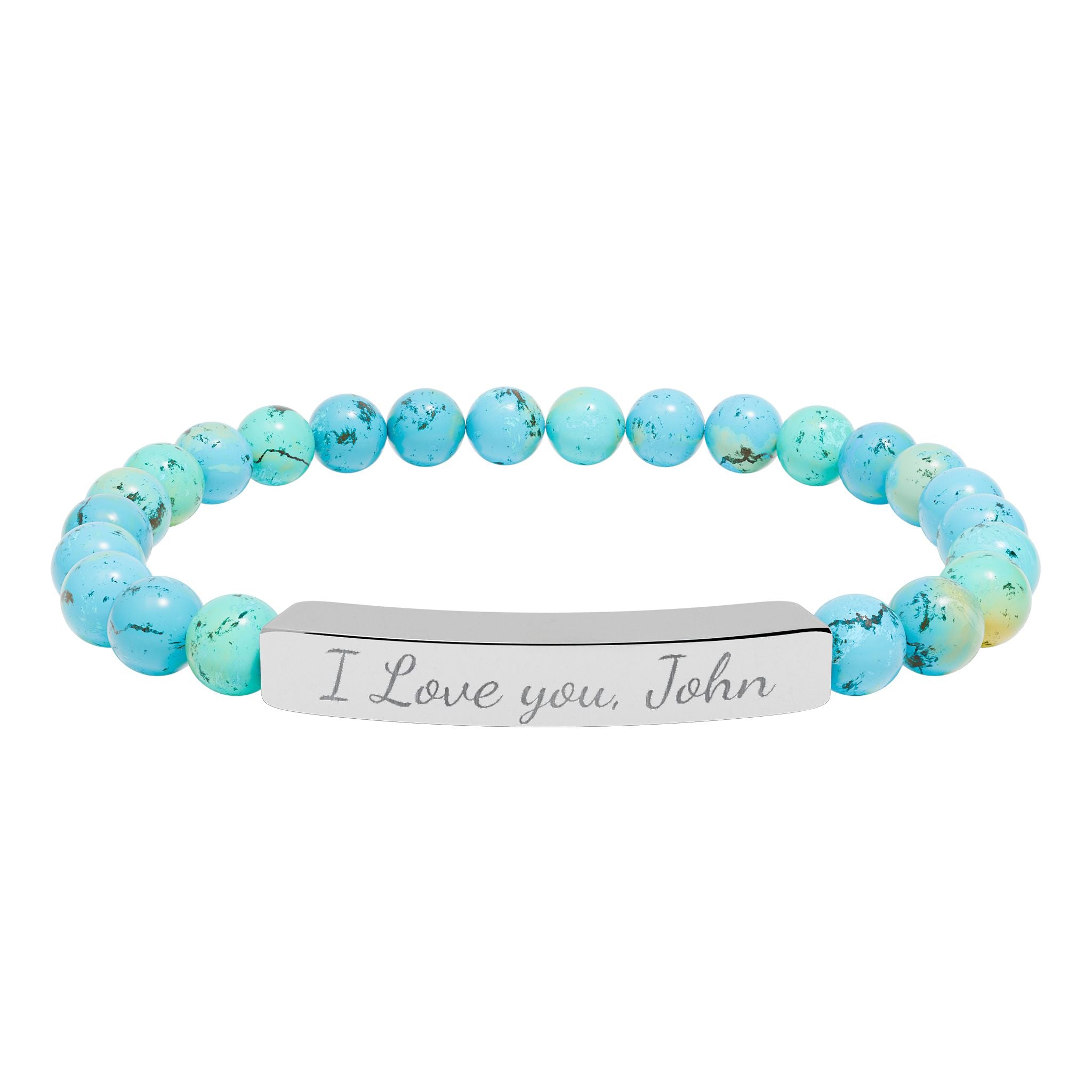 Turquoise beaded bracelet with a silver tag on a white background