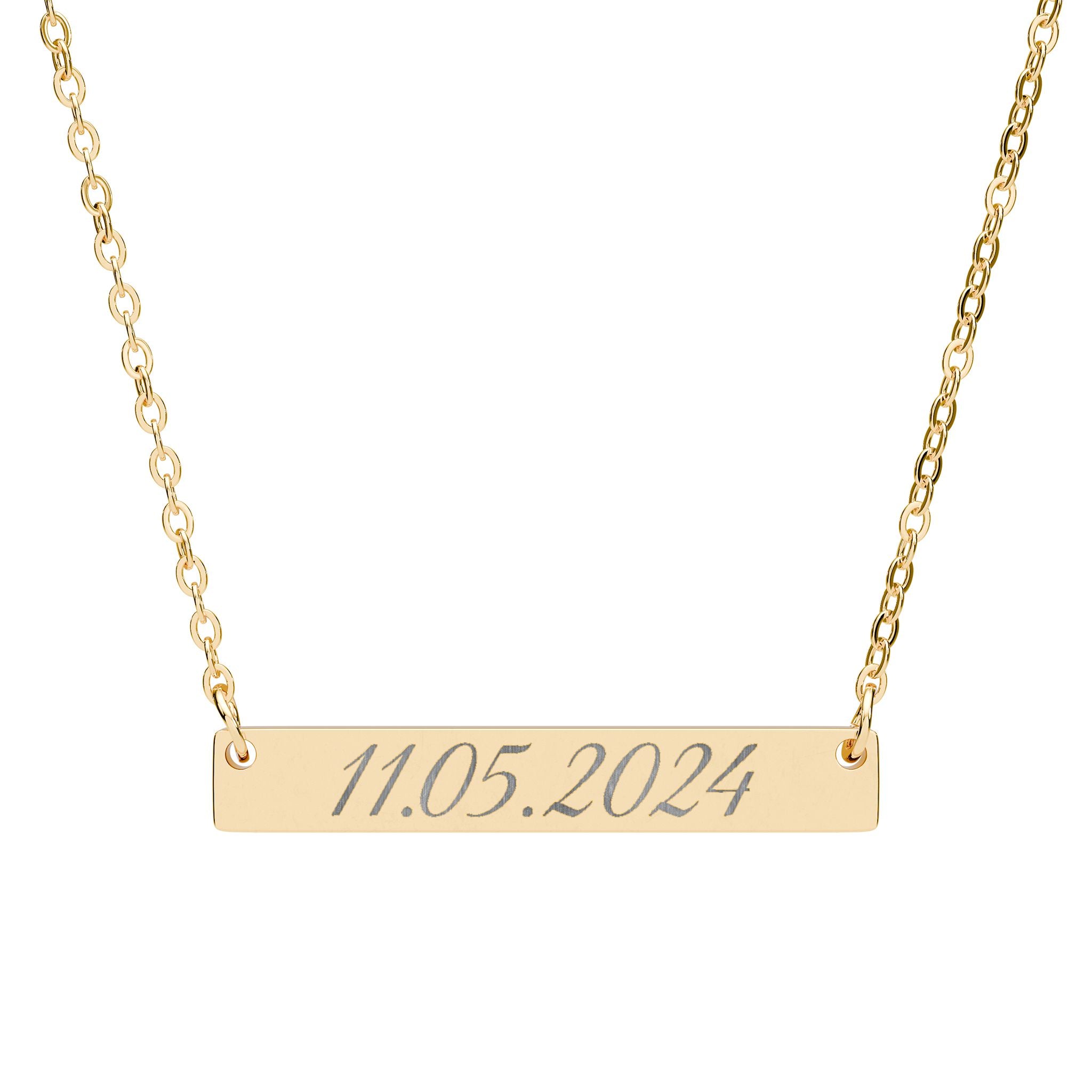 Gold necklace with a bar pendant displaying the date '11.05.2024' on a white background