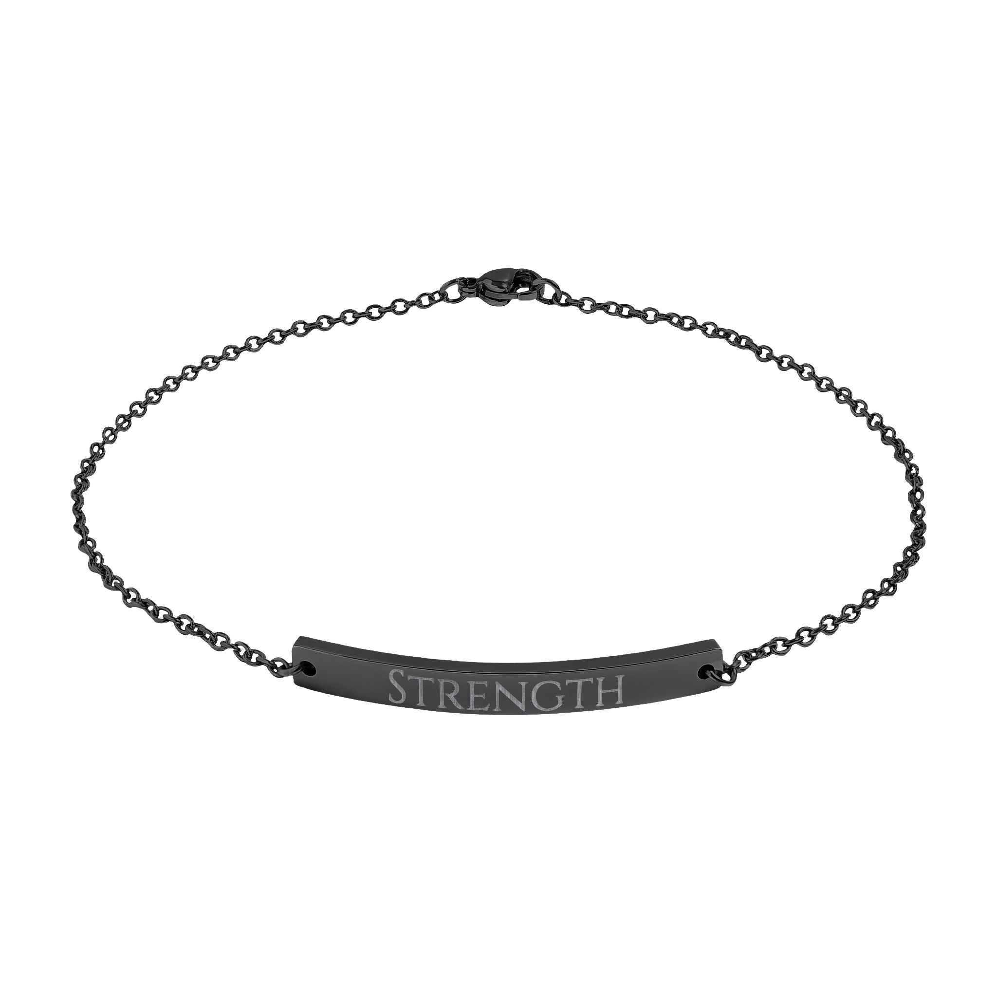 Black chain bracelet with a bar segment engraved 'STRENGTH' on a white background
