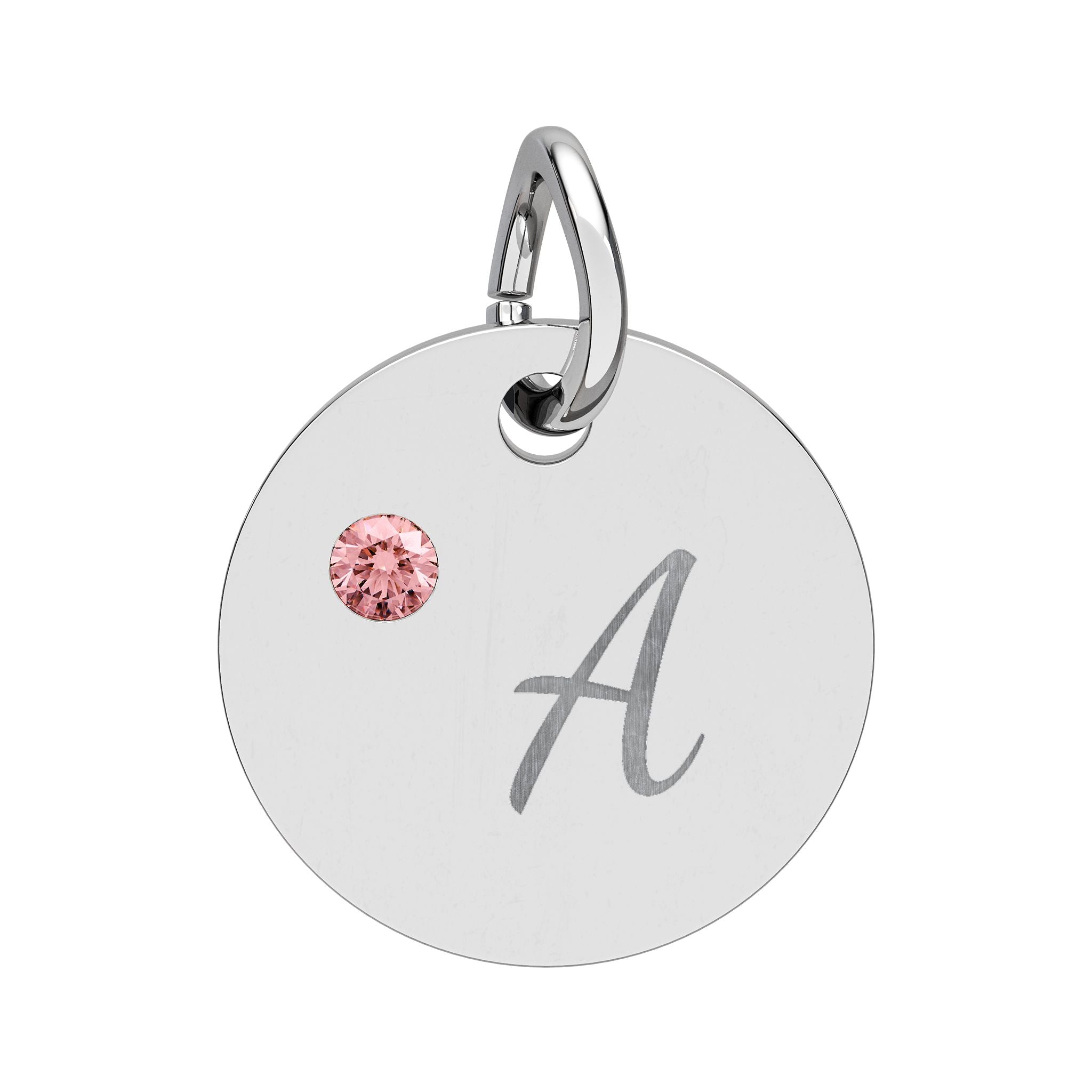 Silver pendant with pink gemstone and letter 'A' on a white background