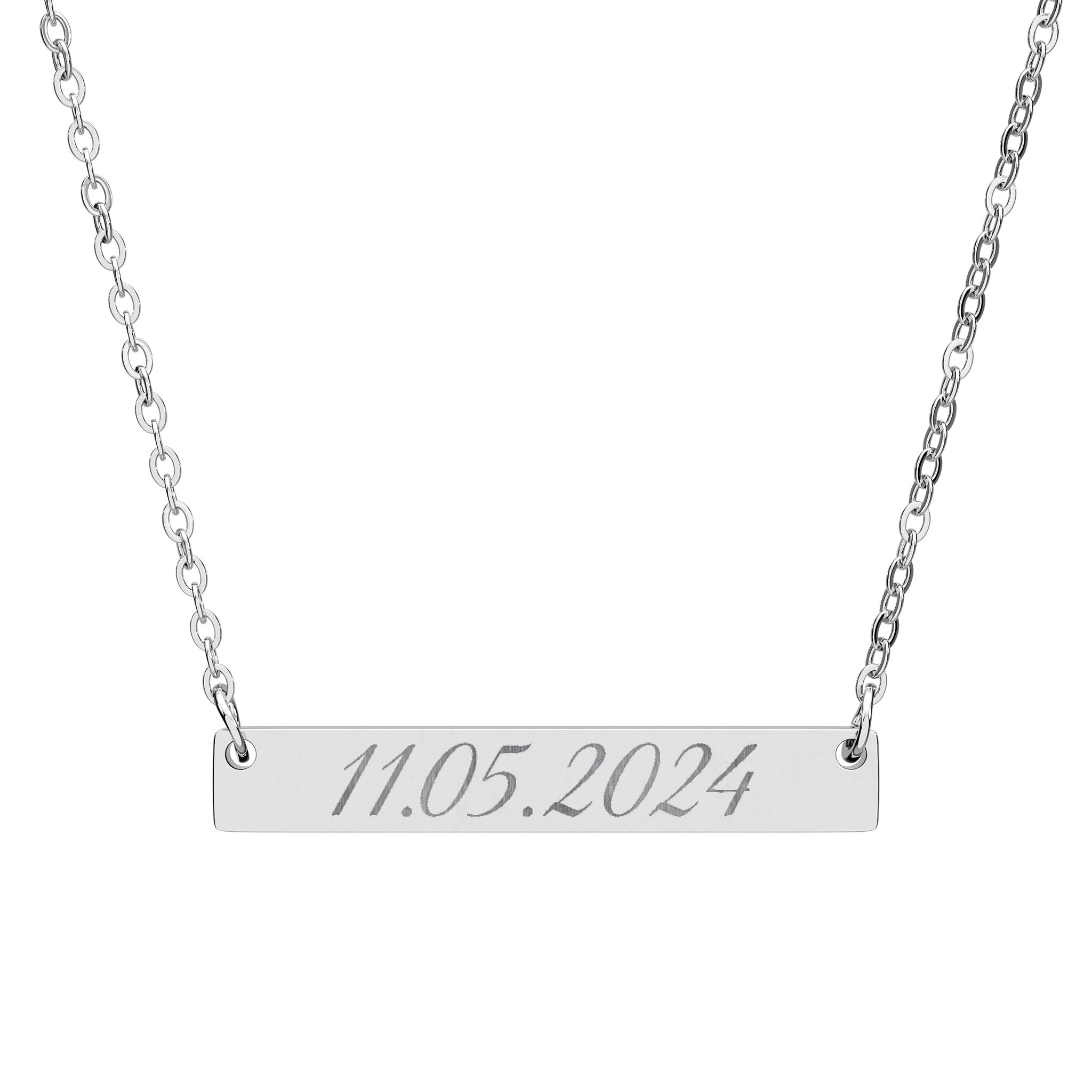 Silver necklace with a bar pendant displaying '11.05.2024' on a white background