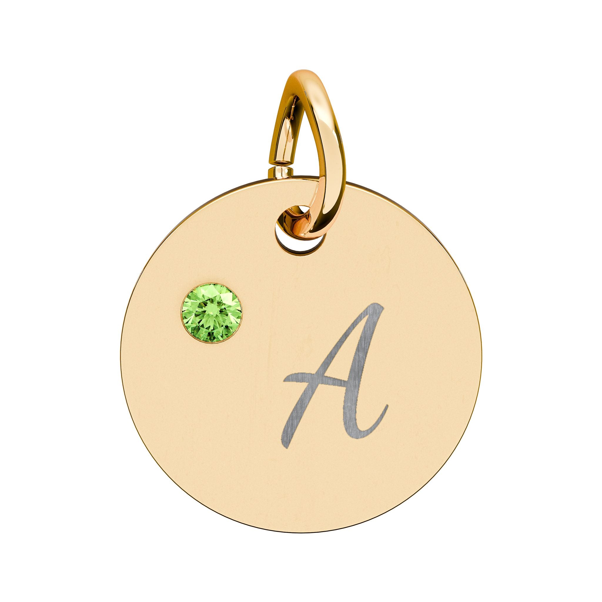 Gold pendant with a green gemstone and letter 'A' on a white background
