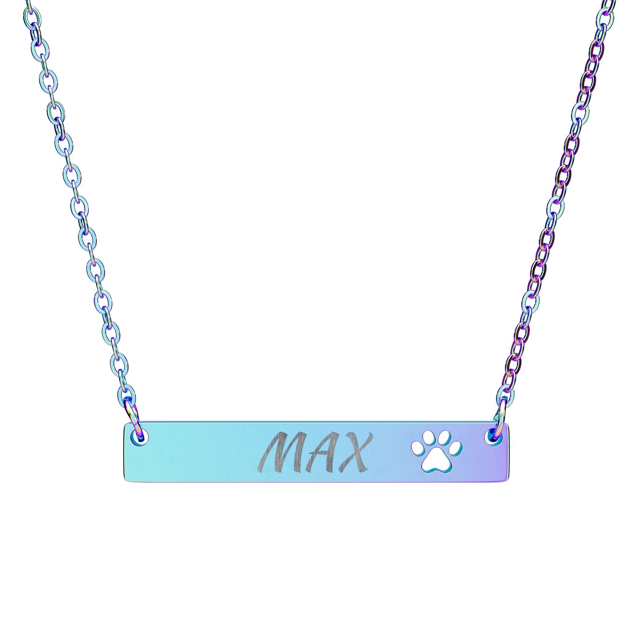 Necklace with a bar pendant engraved with 'MAX' and a paw print on a white background