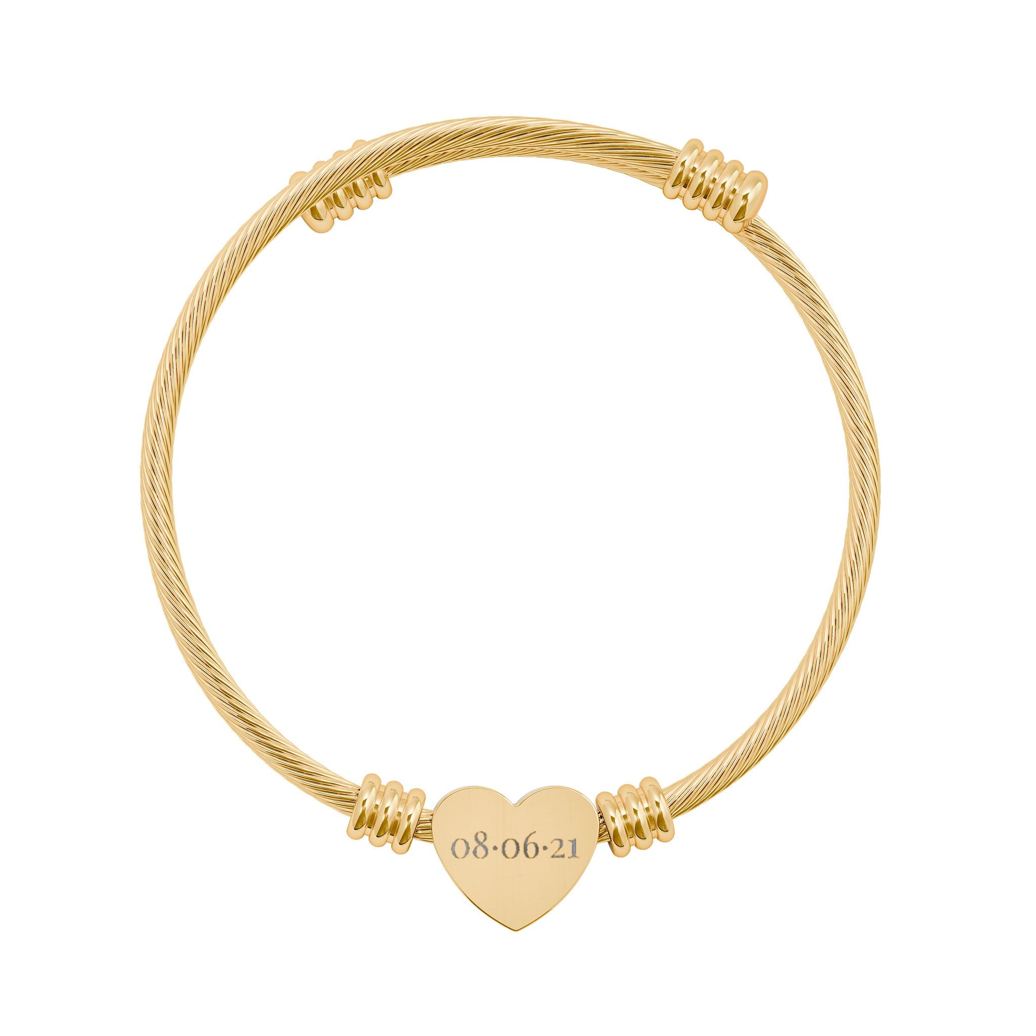 Gold bracelet with a heart-shaped tag on a white background