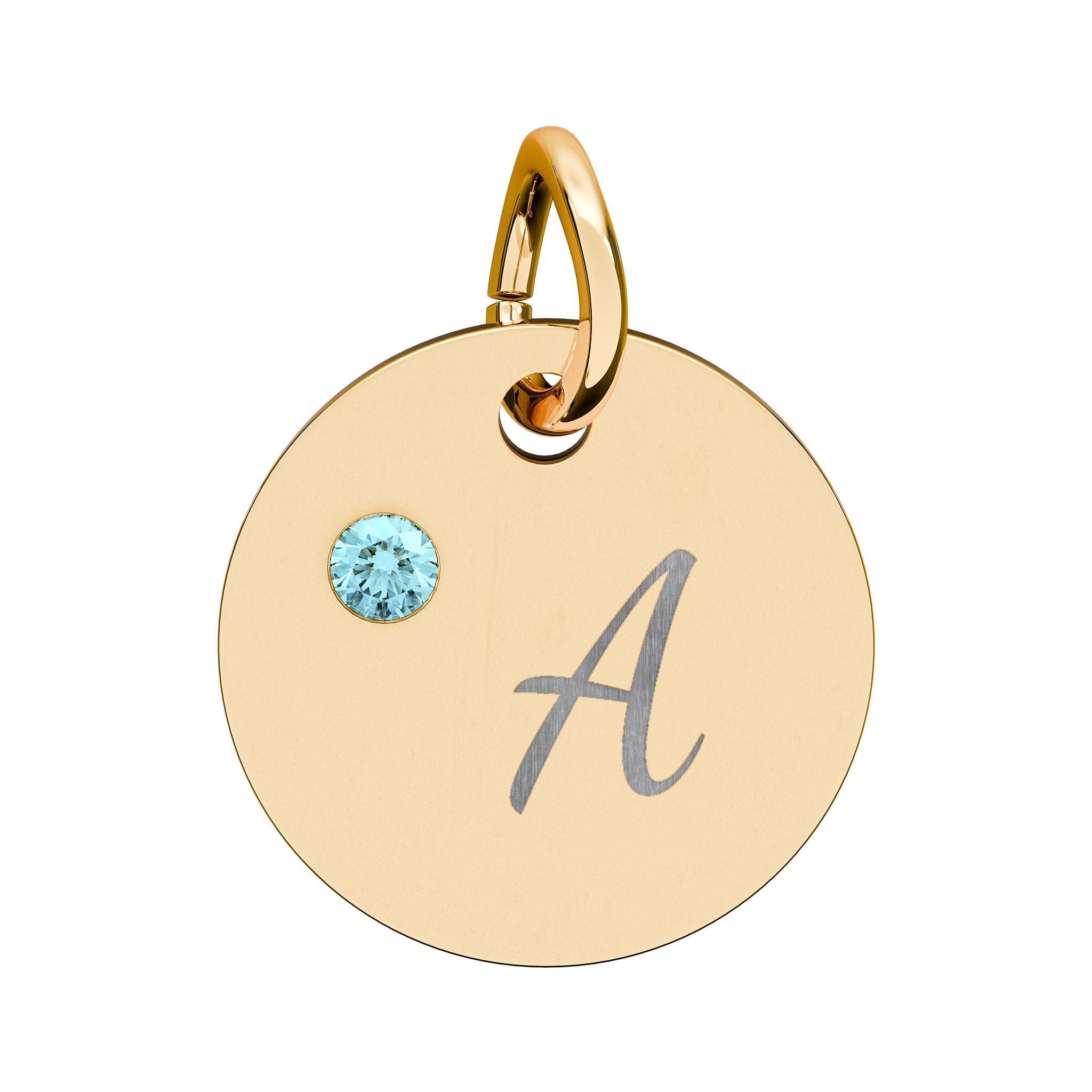 Gold pendant with a blue gemstone and letter 'A' on a white background