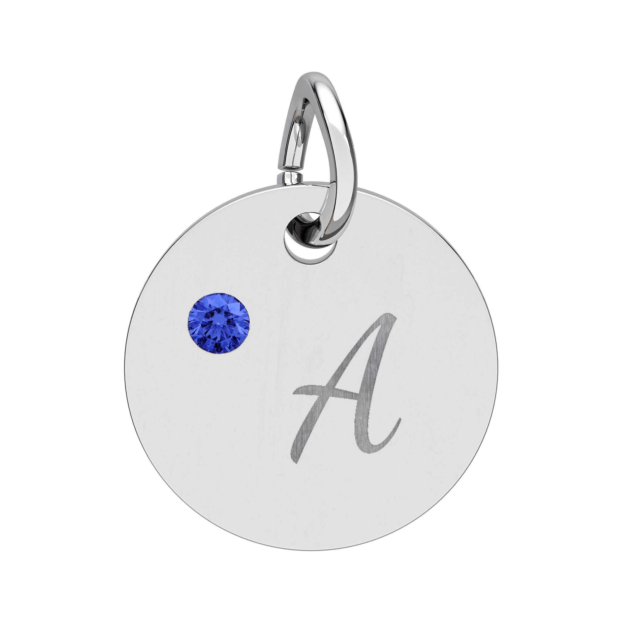 Silver pendant with a blue gemstone and letter 'A' on a white background