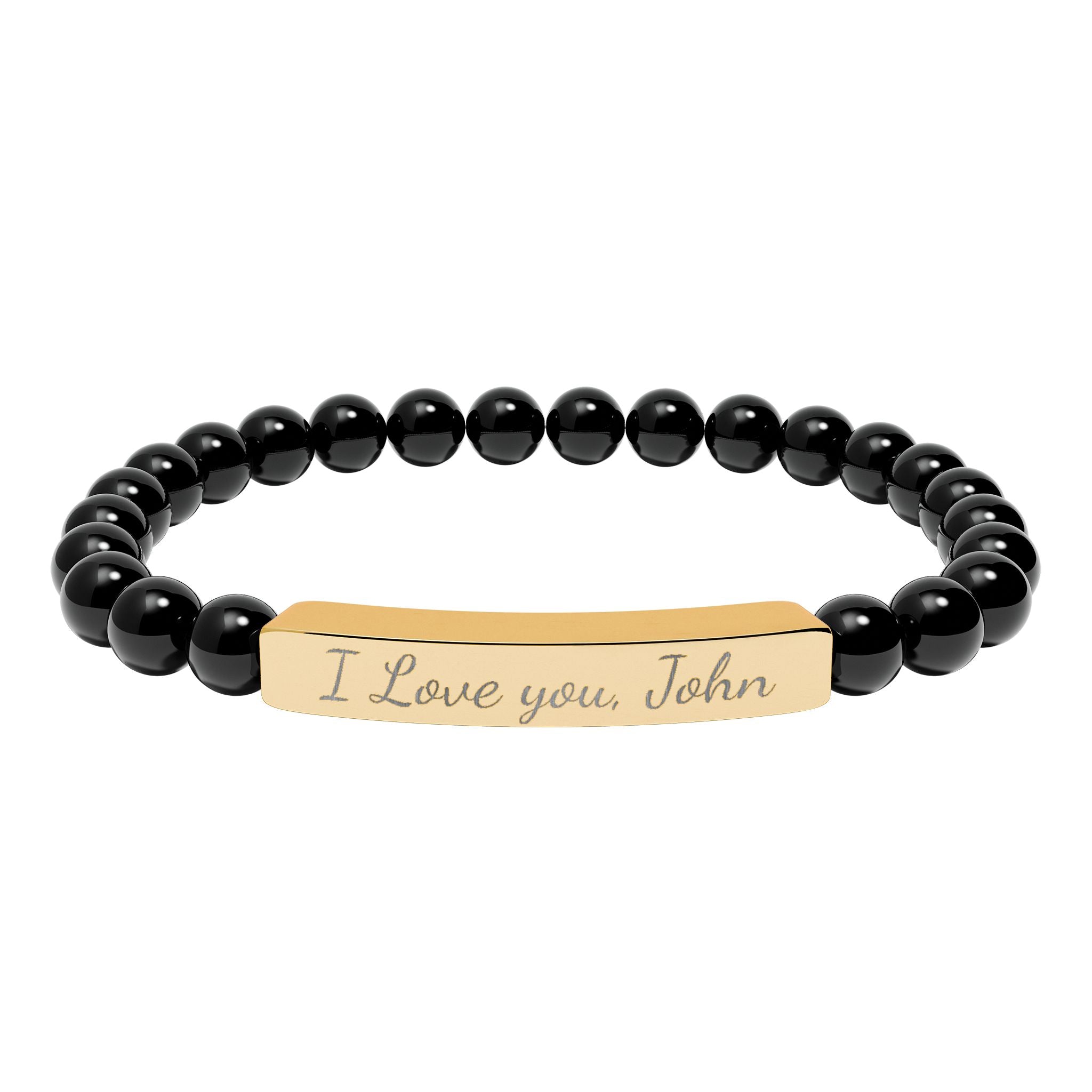 Black beaded bracelet with a gold tag reading 'I Love you, John' on a white background
