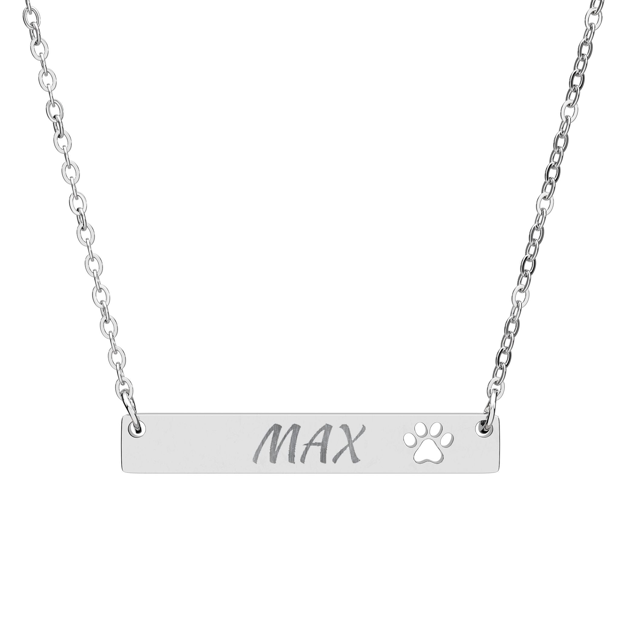 Silver necklace with 'MAX' and a paw print on a white background