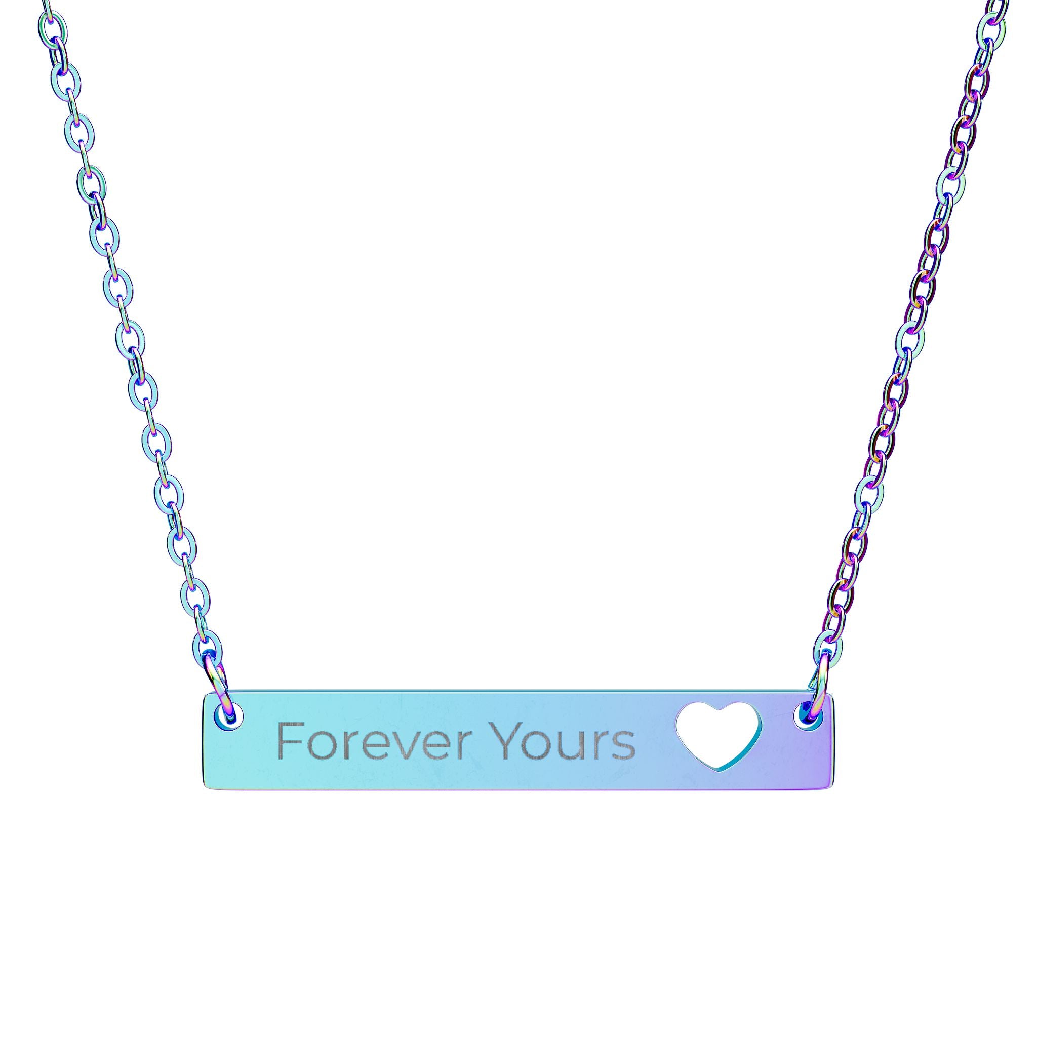 Necklace with 'Forever Yours' engraving on a gradient blue and purple bar pendant.