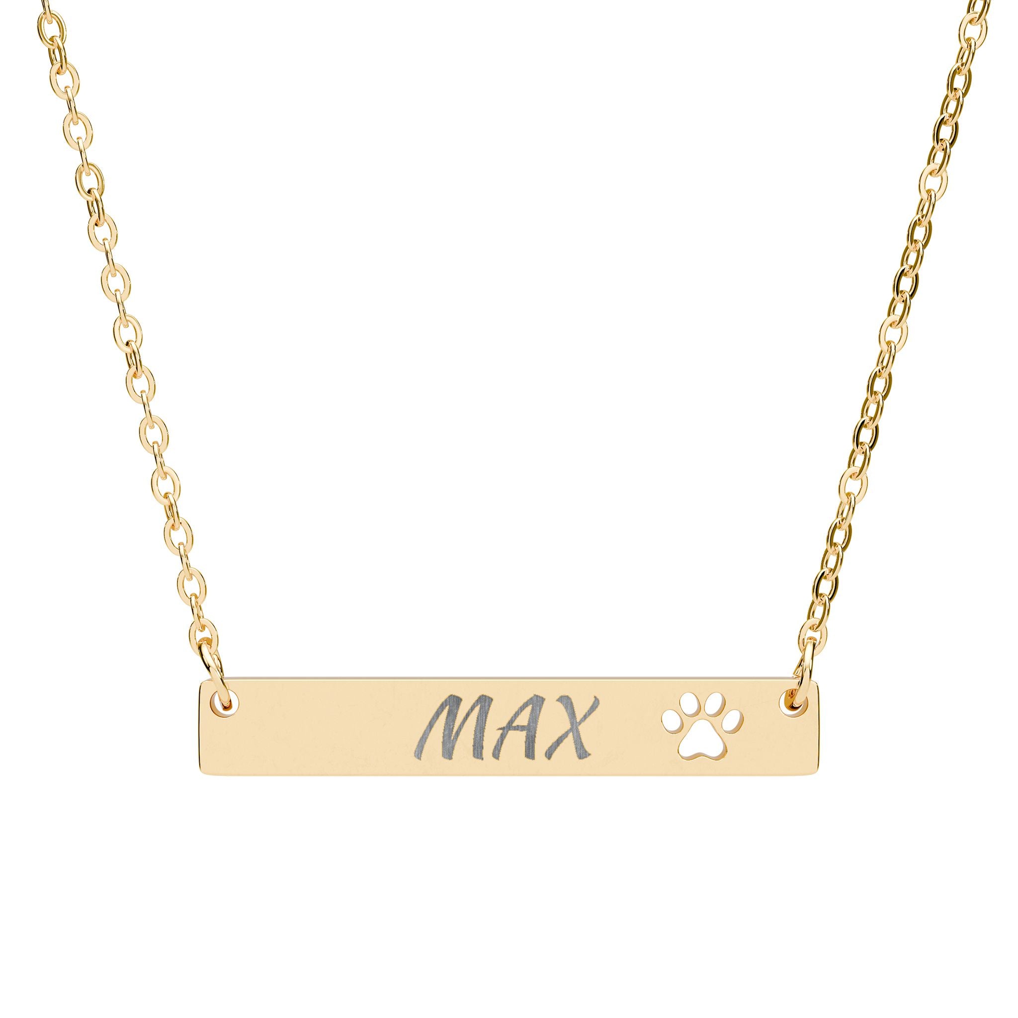 Gold necklace with a bar pendant engraved with 'MAX' and a paw print on a white background