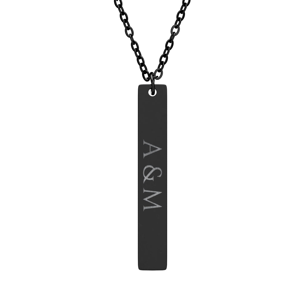 Black necklace with a bar pendant engraved with 'A & M' on a white background