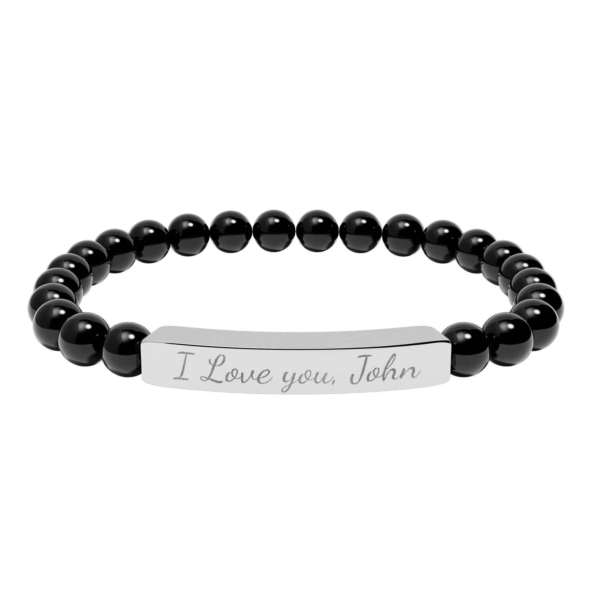 Black beaded bracelet with a silver tag reading 'I Love you, John' on a white background