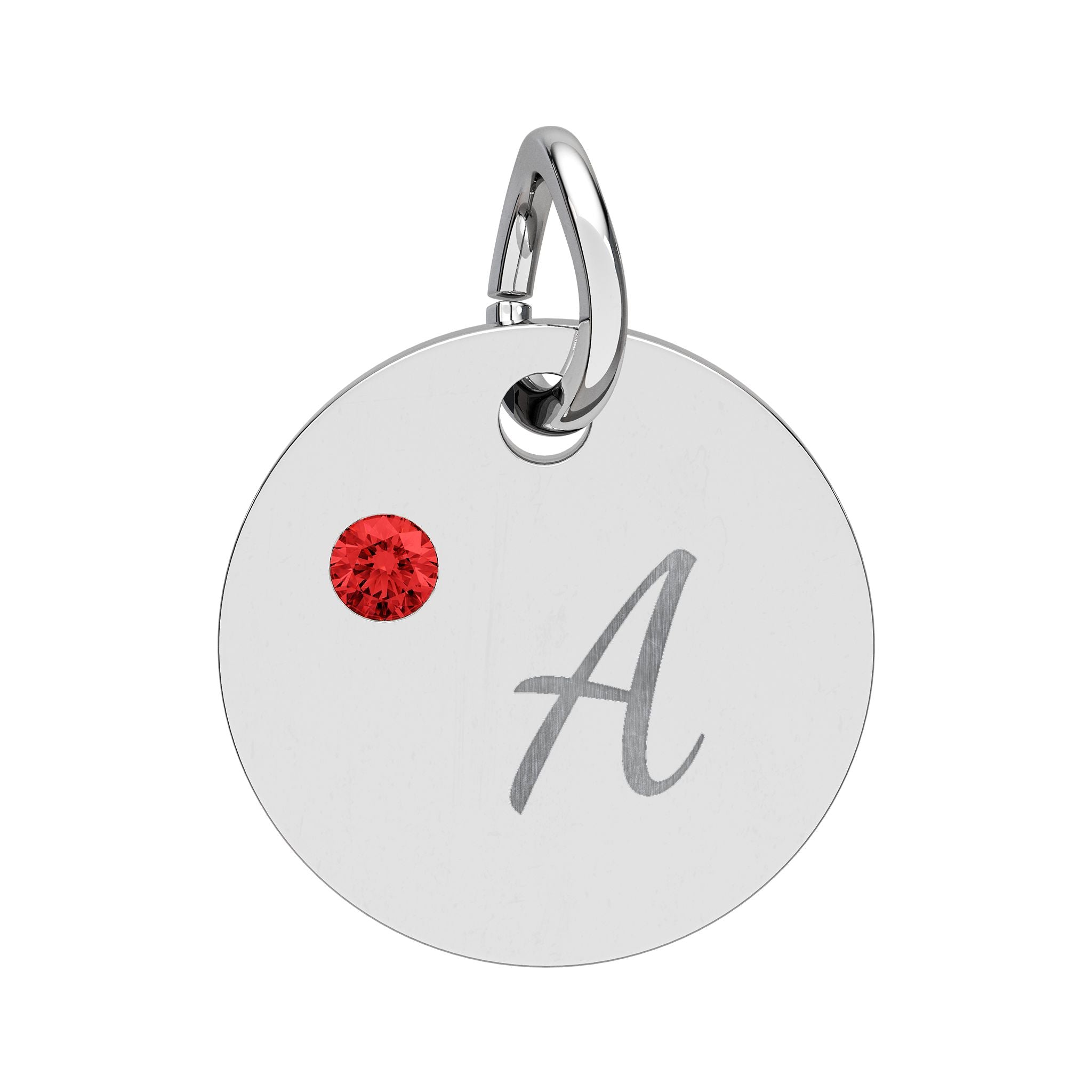 Silver pendant with red gemstone and letter 'A' on a white background