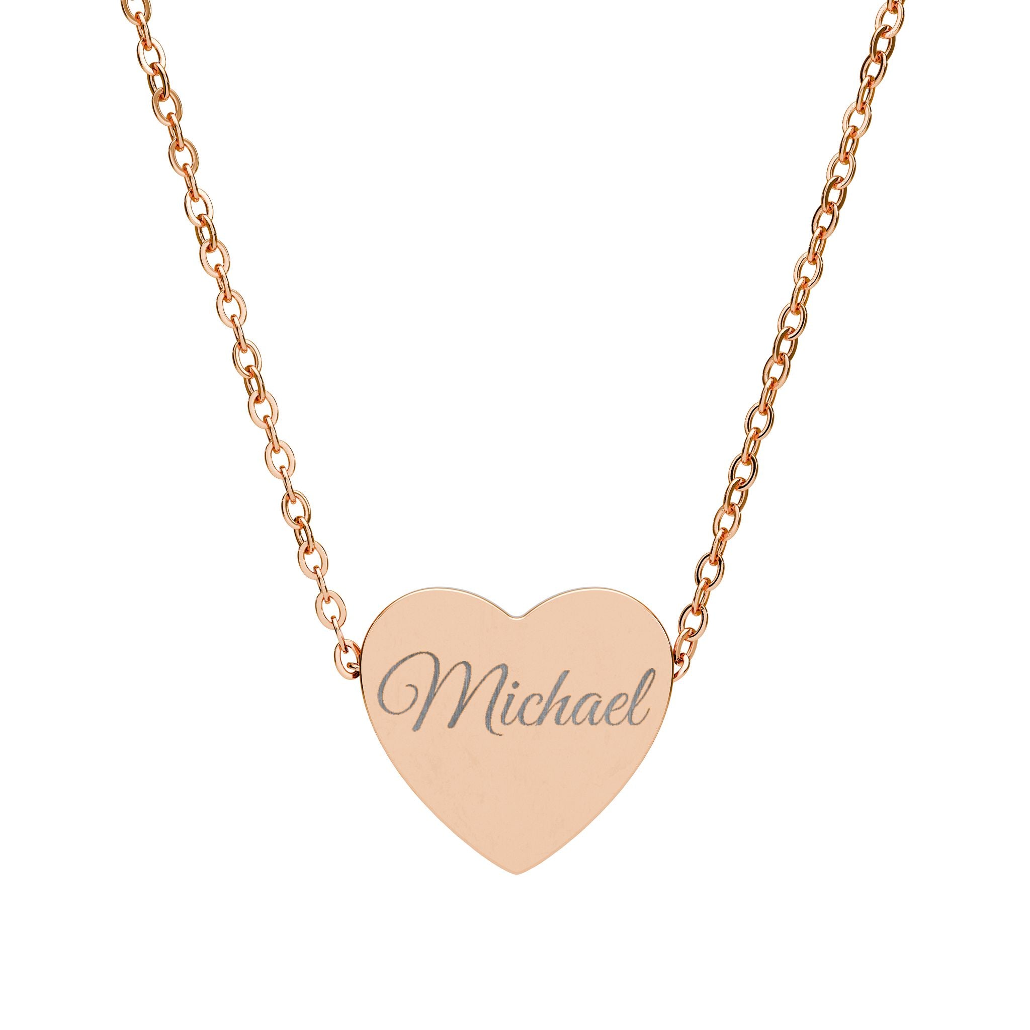 Rose gold heart-shaped necklace with 'Michael' engraving on a white background