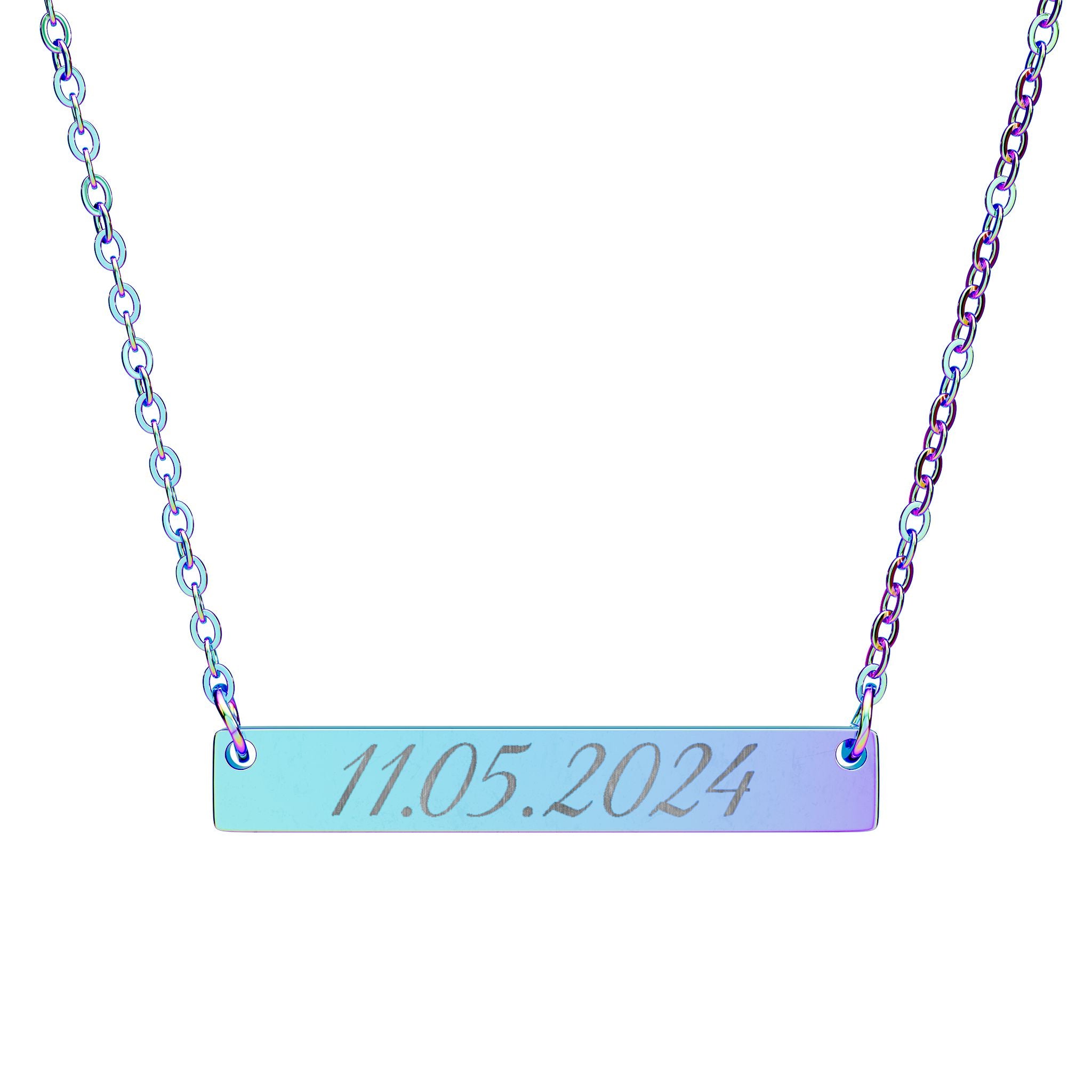 Necklace with a bar pendant displaying '11.05.2024' on a white background