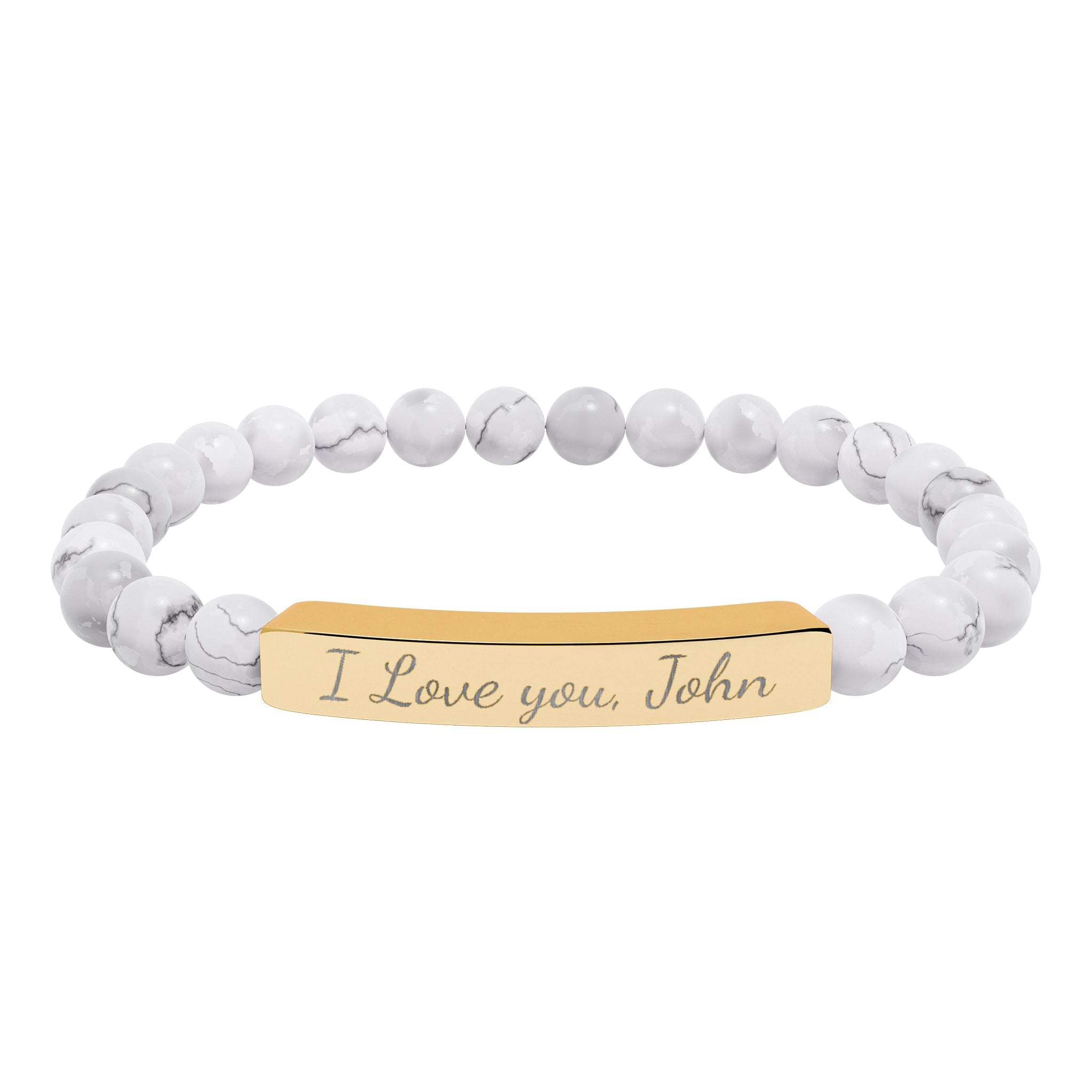 Bracelet with white beads and gold tag reading 'I Love you, John' on a white background