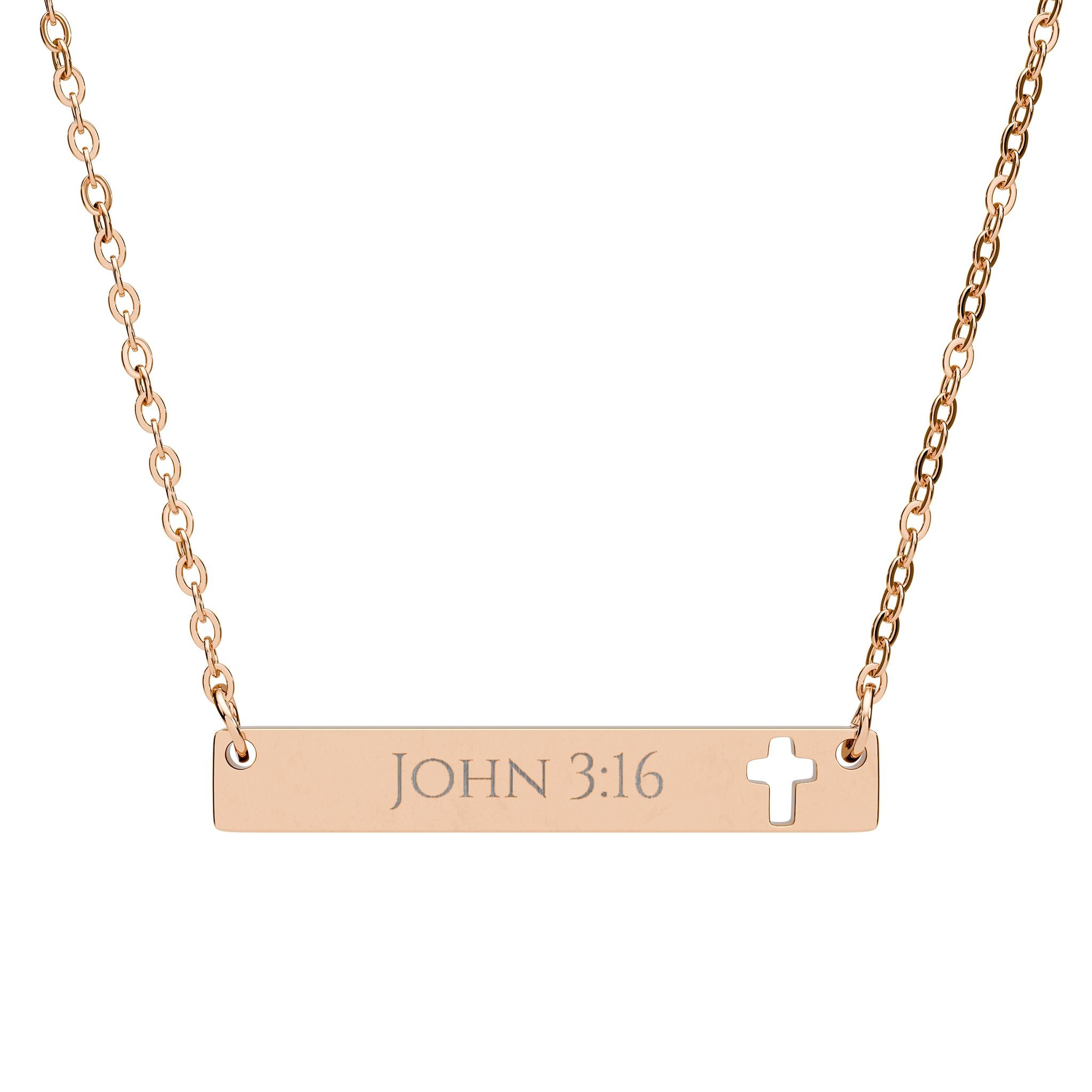 Rose gold necklace with 'JOHN 3:16' engraving and a cross cutout on a white background