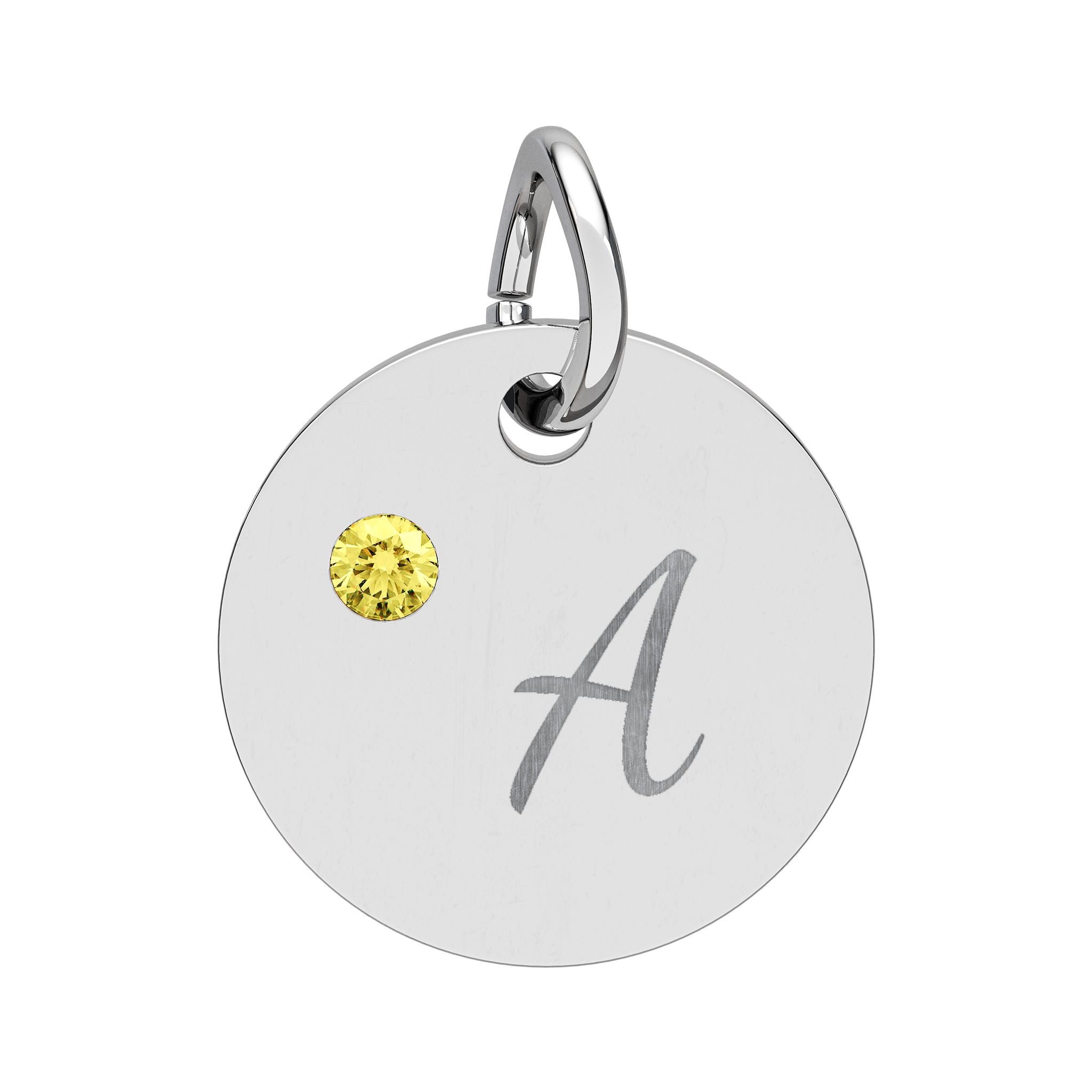 Silver pendant with yellow gemstone and letter 'A' on a white background