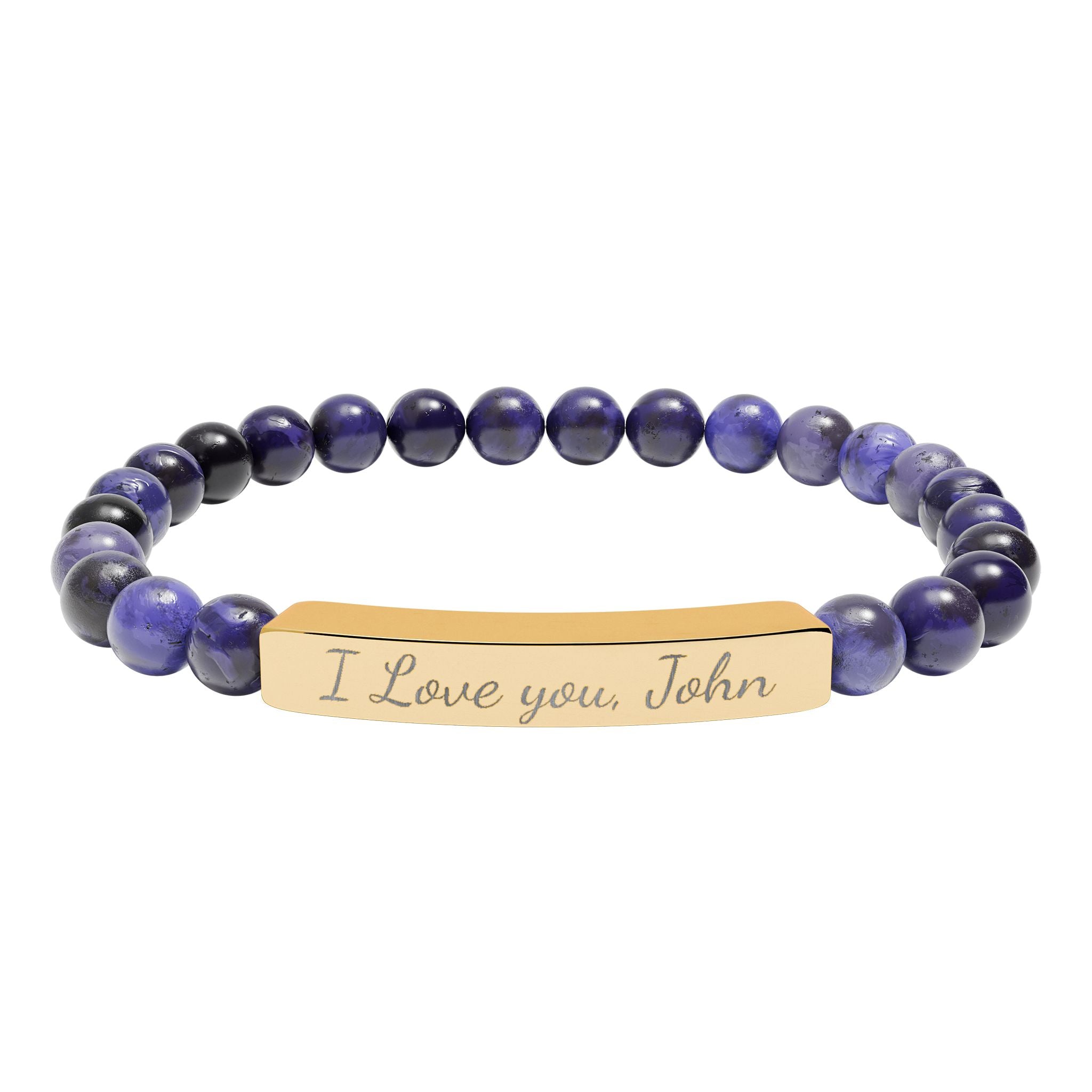 Bracelet with purple beads and gold tag reading 'I Love you, John' on a white background