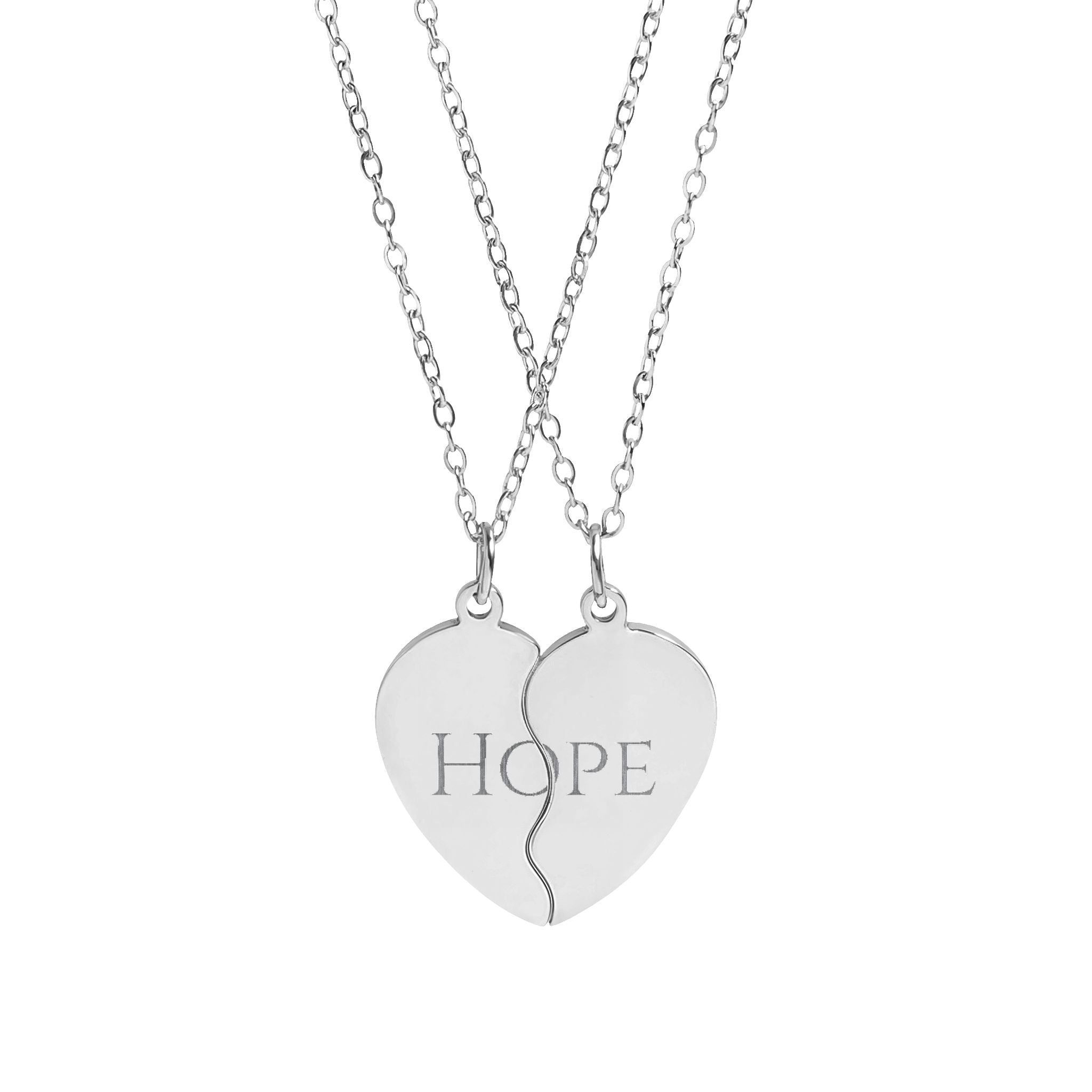 Silver necklace with two heart-shaped pendants on a white background