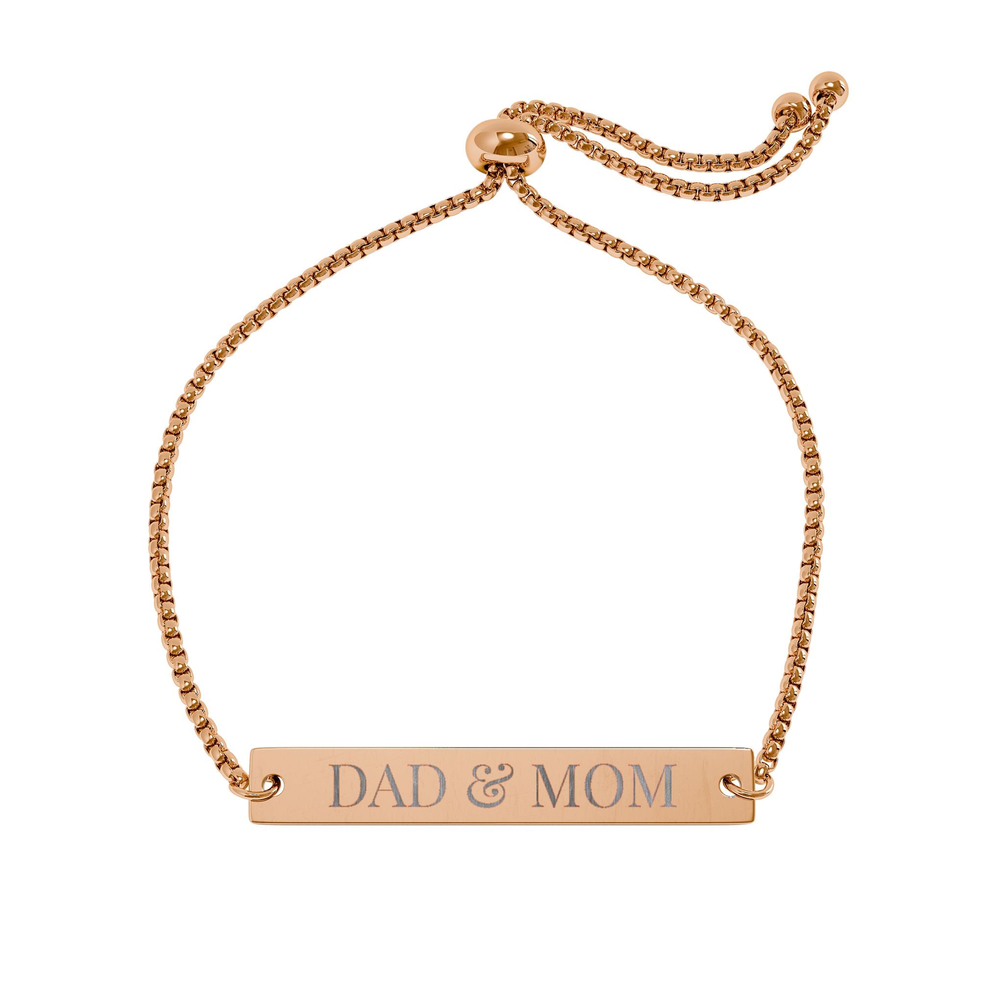 Rose gold bracelet with 'DAD & MOM' engraving on a white background