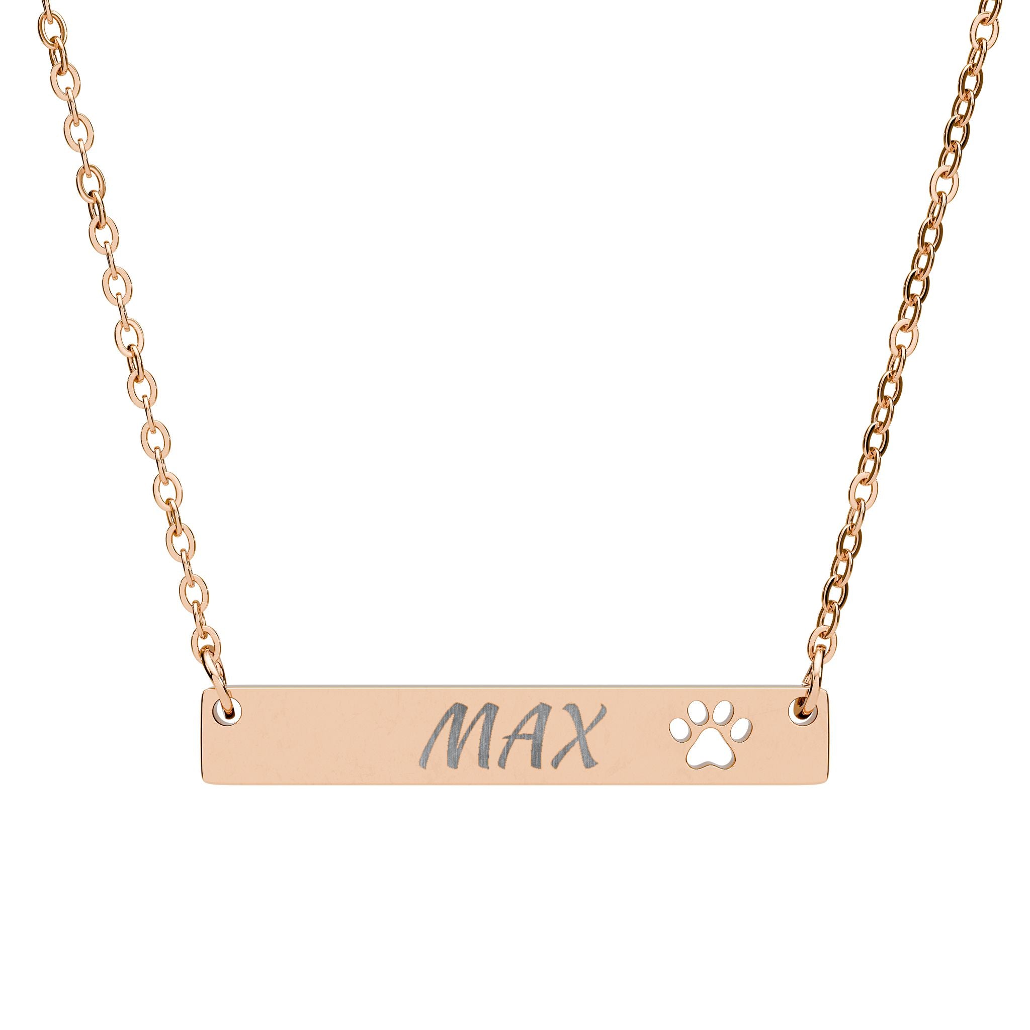 Rose gold necklace with 'MAX' and a paw print on a white background