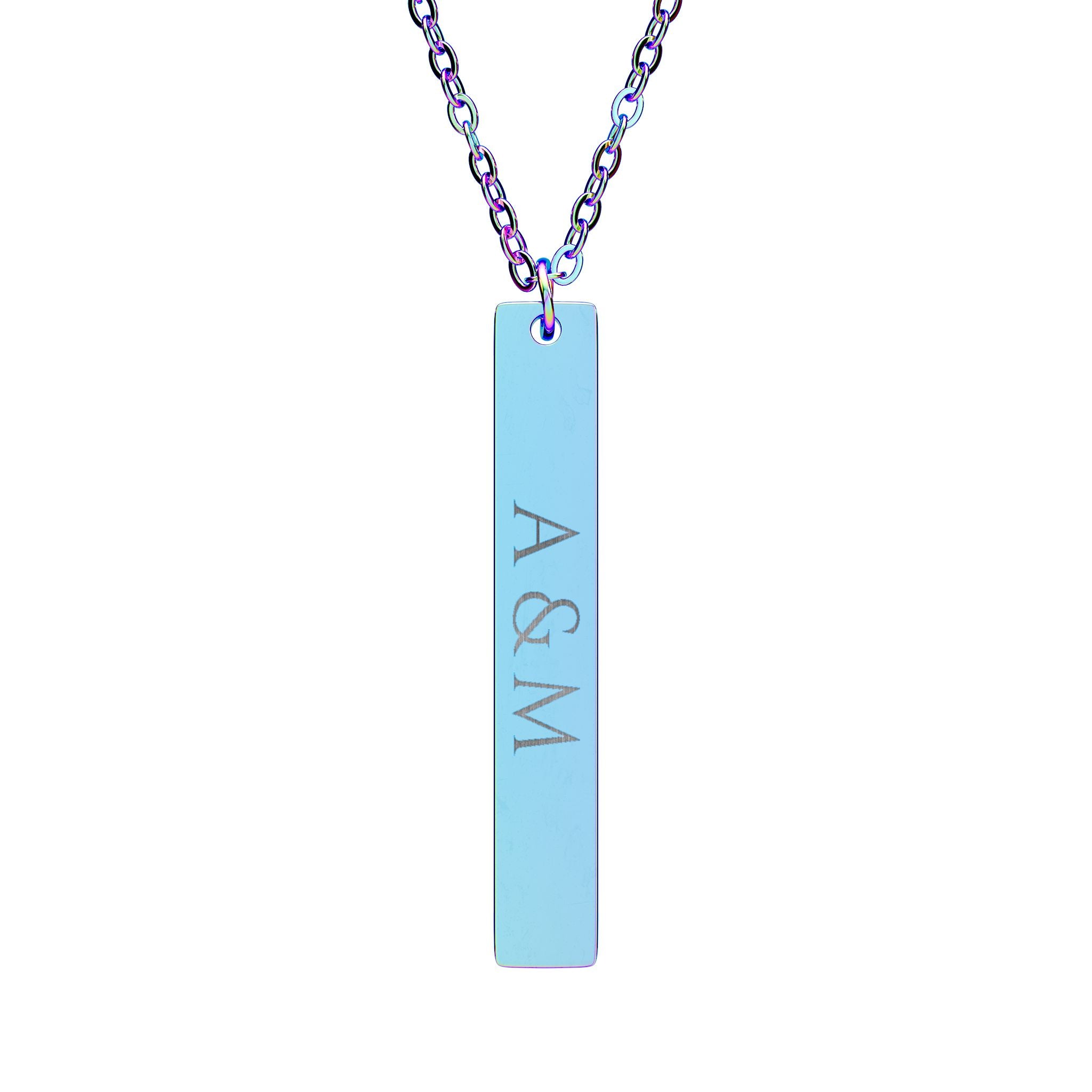 Necklace with a light blue bar pendant featuring 'A & M' on a white background
