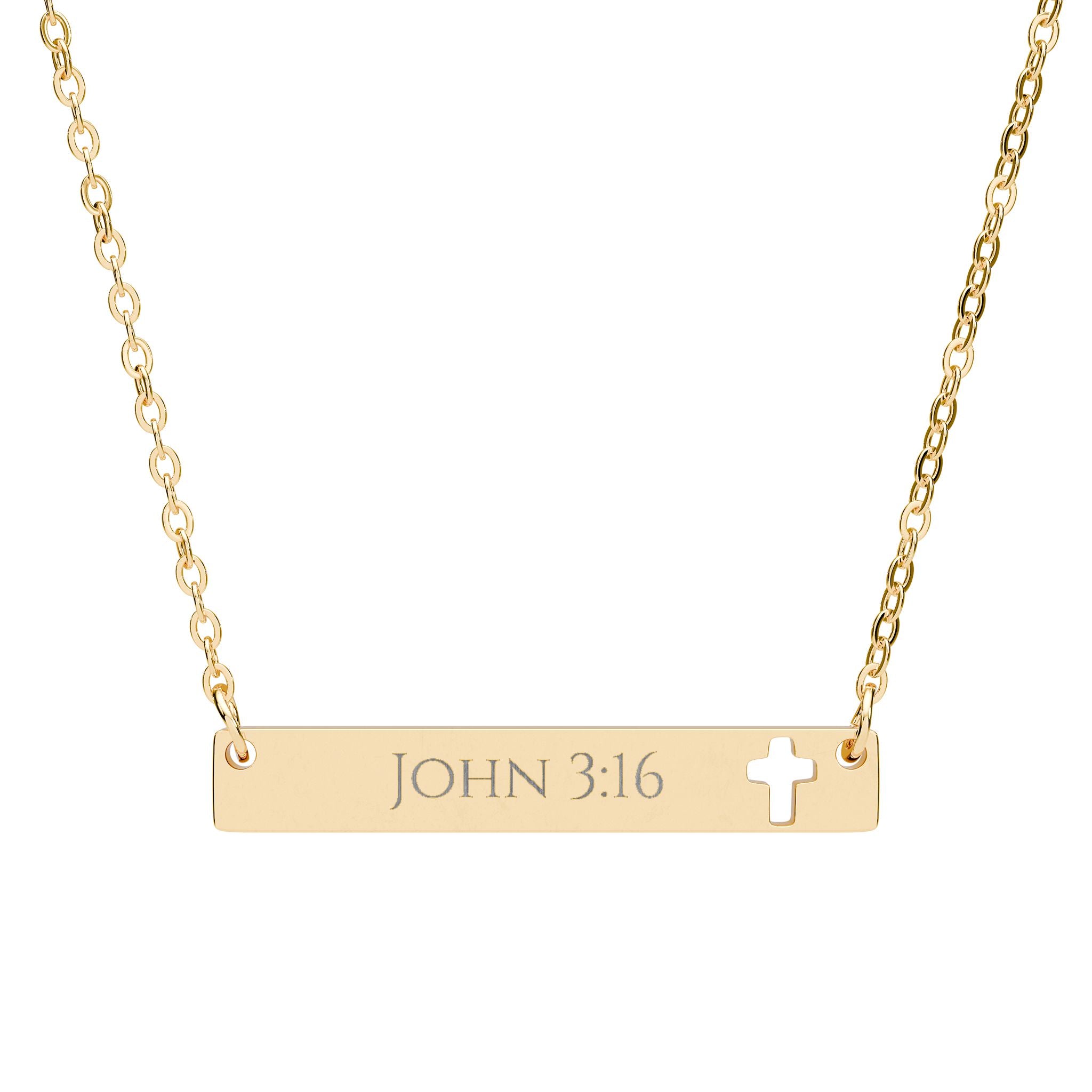 Gold necklace with 'JOHN 3:16' engraving and a cross symbol on a white background