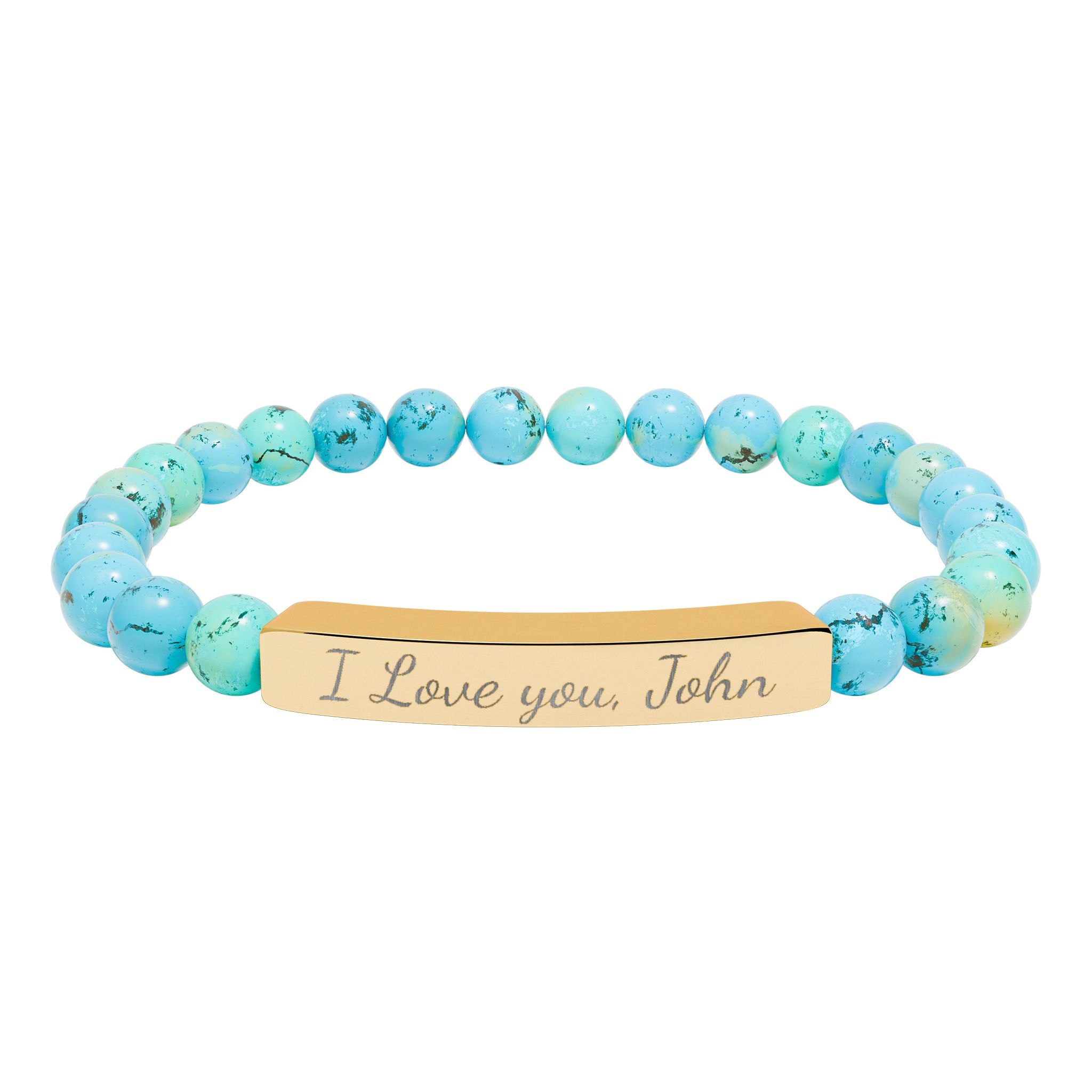Turquoise beaded bracelet with a gold tag reading 'I Love you, John' on a white background