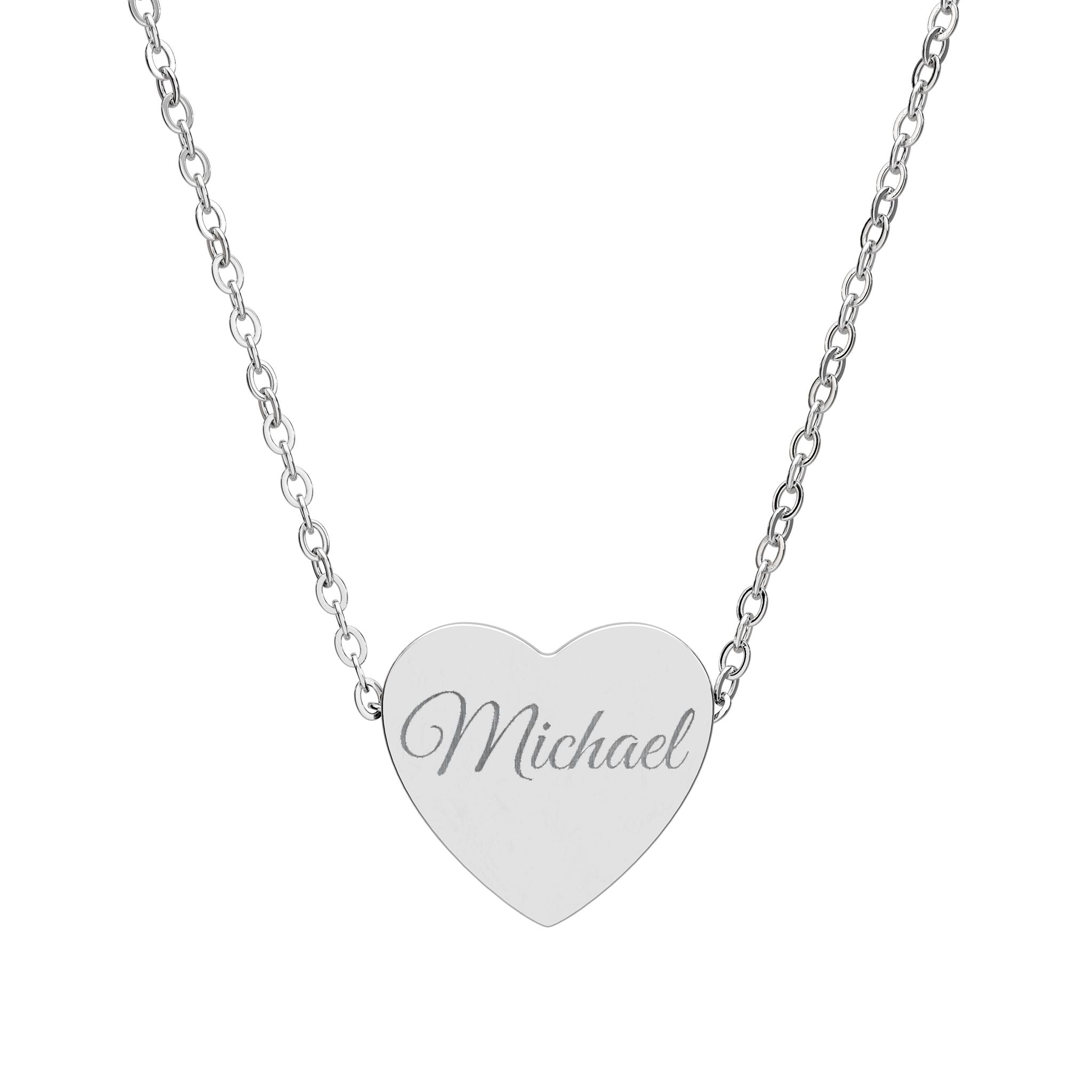 Silver heart-shaped necklace with 'Michael' engraving on a white background
