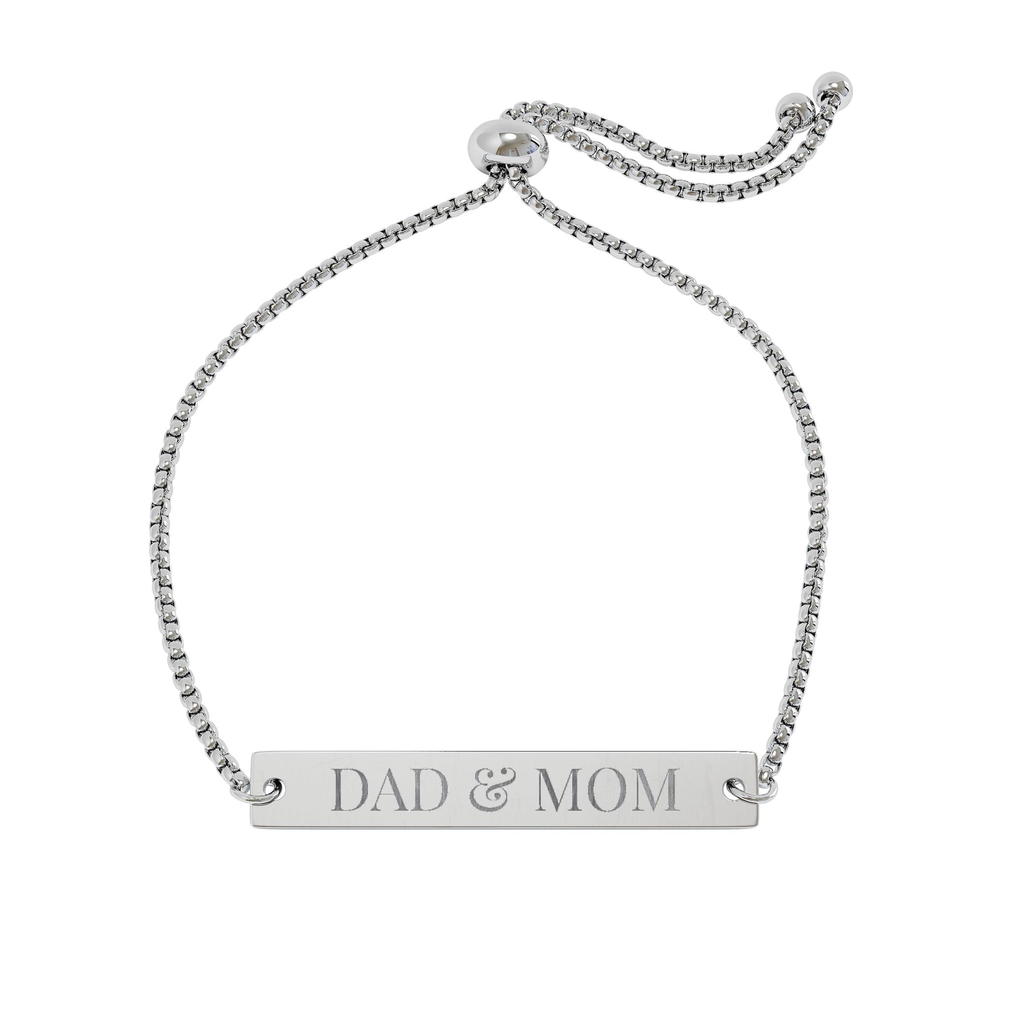 Silver bracelet with 'DAD & MOM' engraving on a white background