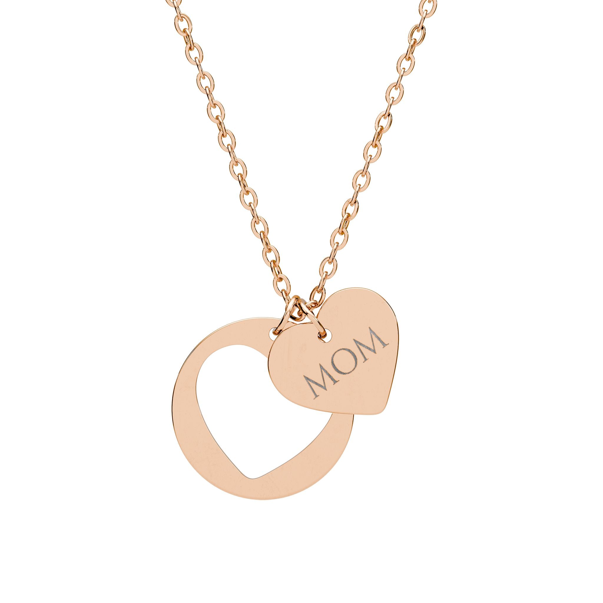 Rose gold necklace with a heart-shaped pendant and 'MOM' engraving on a white background
