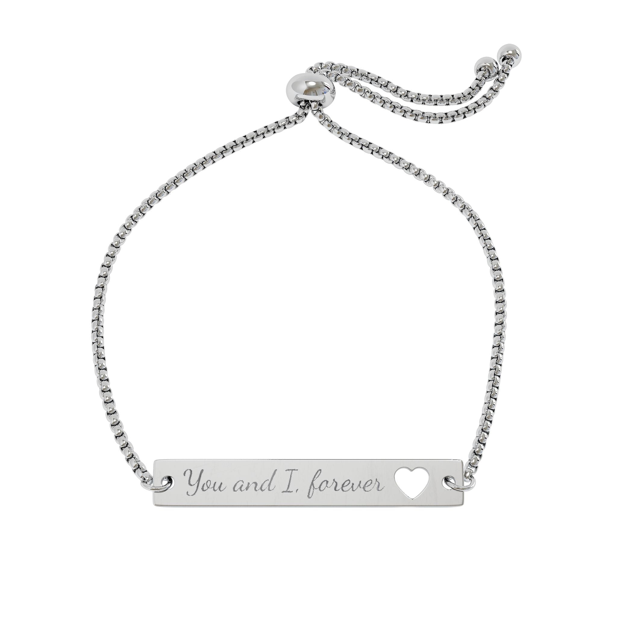 Silver bracelet with 'You and I, forever' engraving on a white background