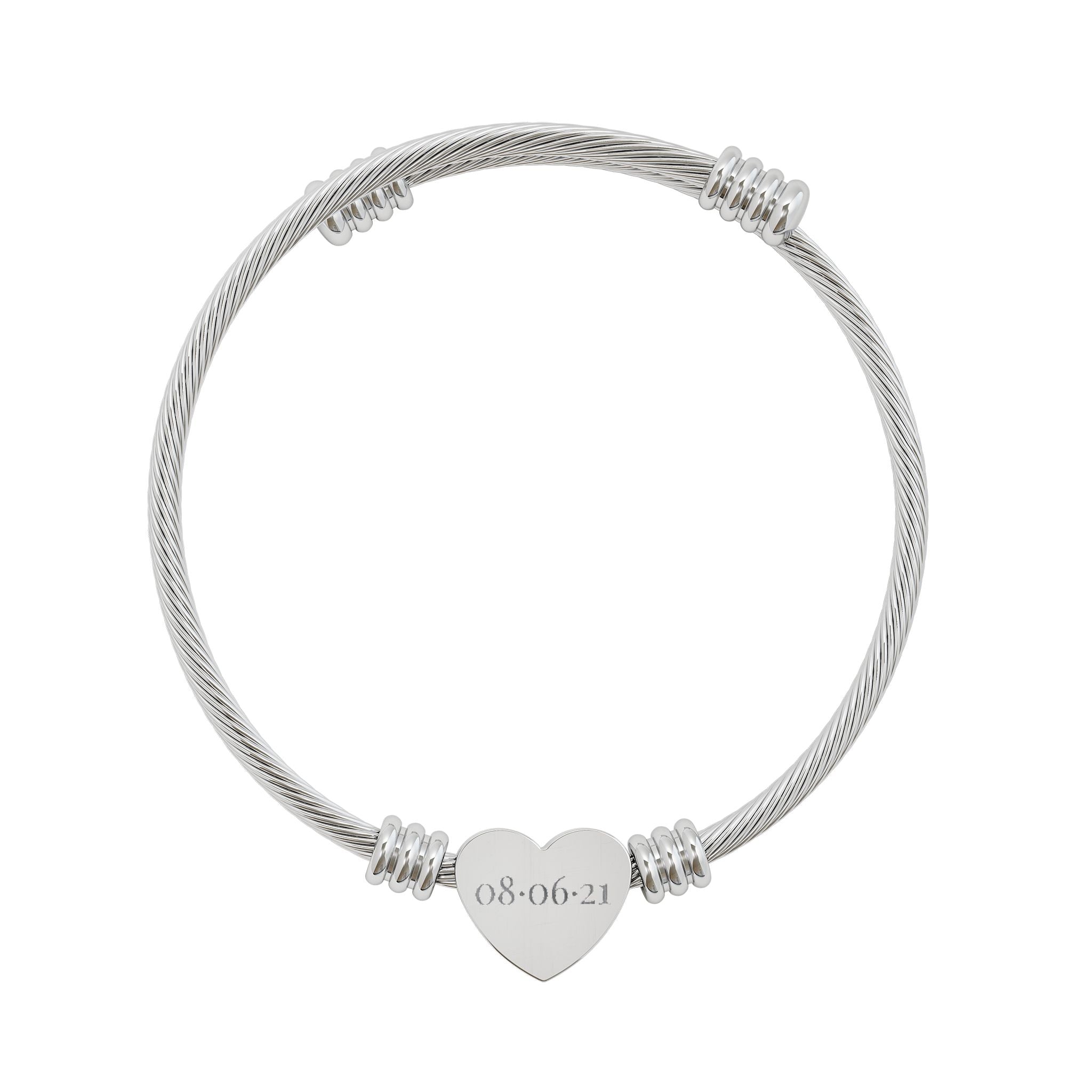 Silver cable bracelet with a heart-shaped tag on a white background